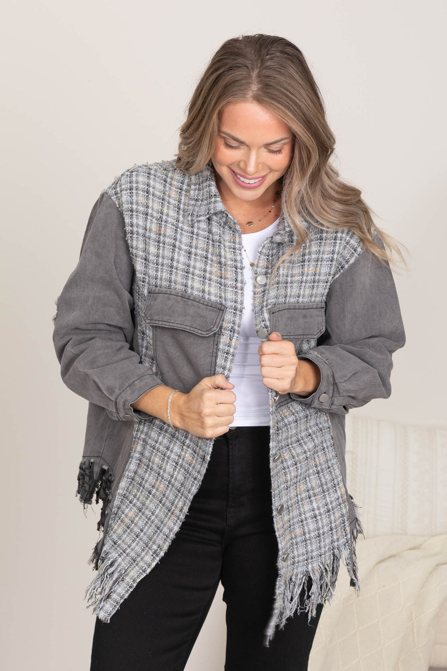 Charcoal Tweed Mixed Denim Shacket With Fringe · Filly Flair