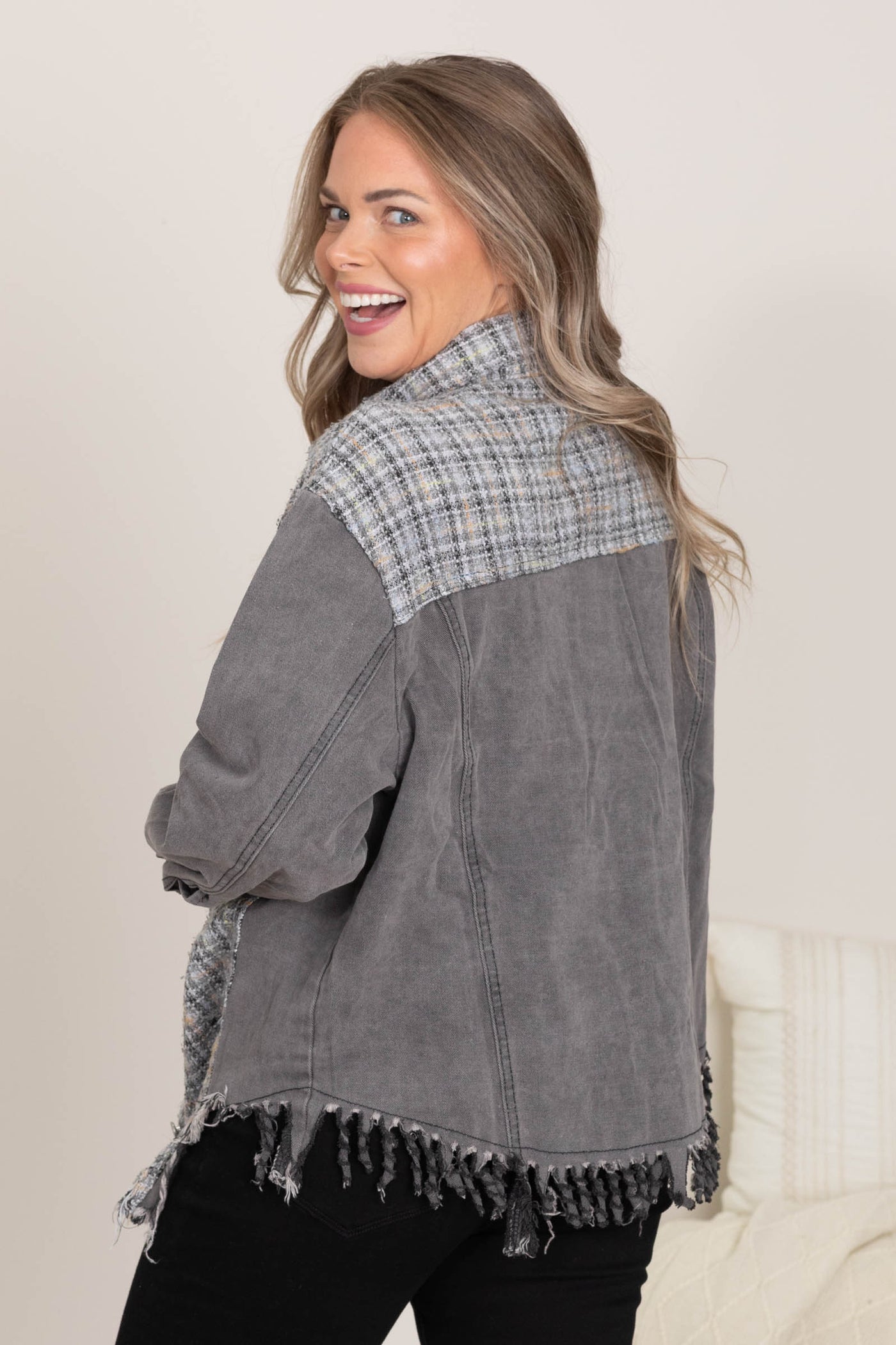 Charcoal Tweed Mixed Denim Shacket With Fringe