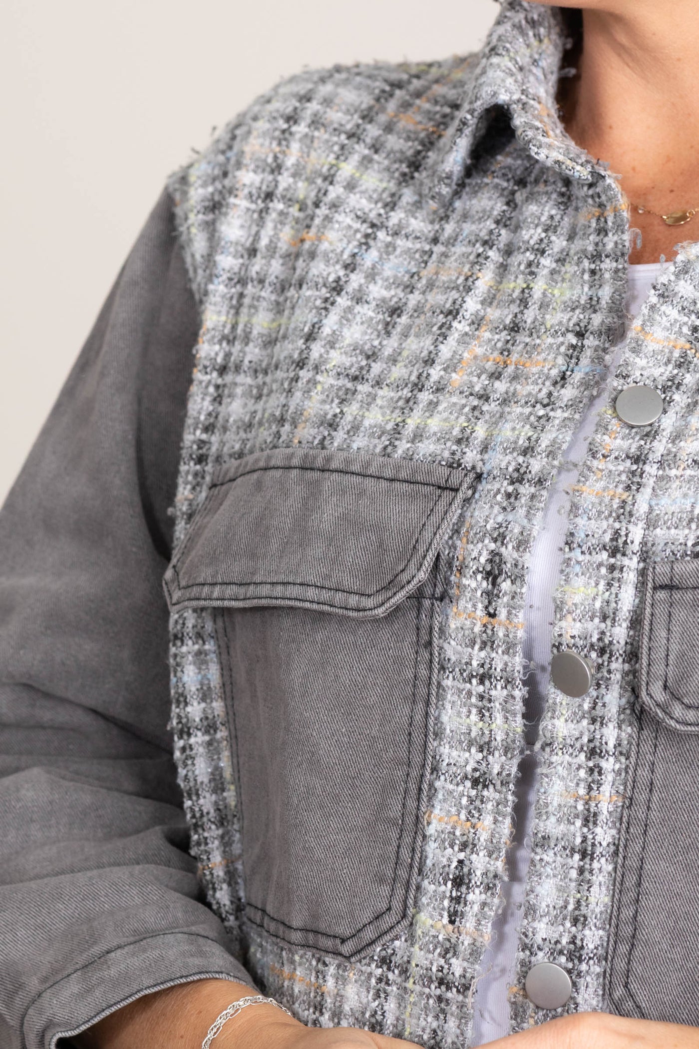 Charcoal Tweed Mixed Denim Shacket With Fringe