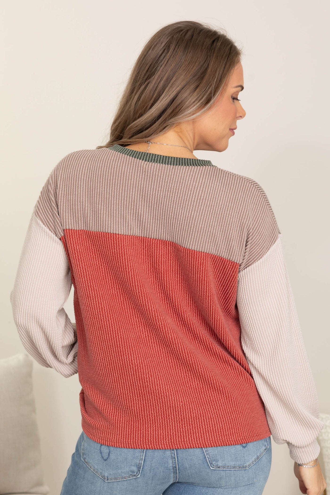 Ribbed Colorblock Long Sleeve Knit Tops