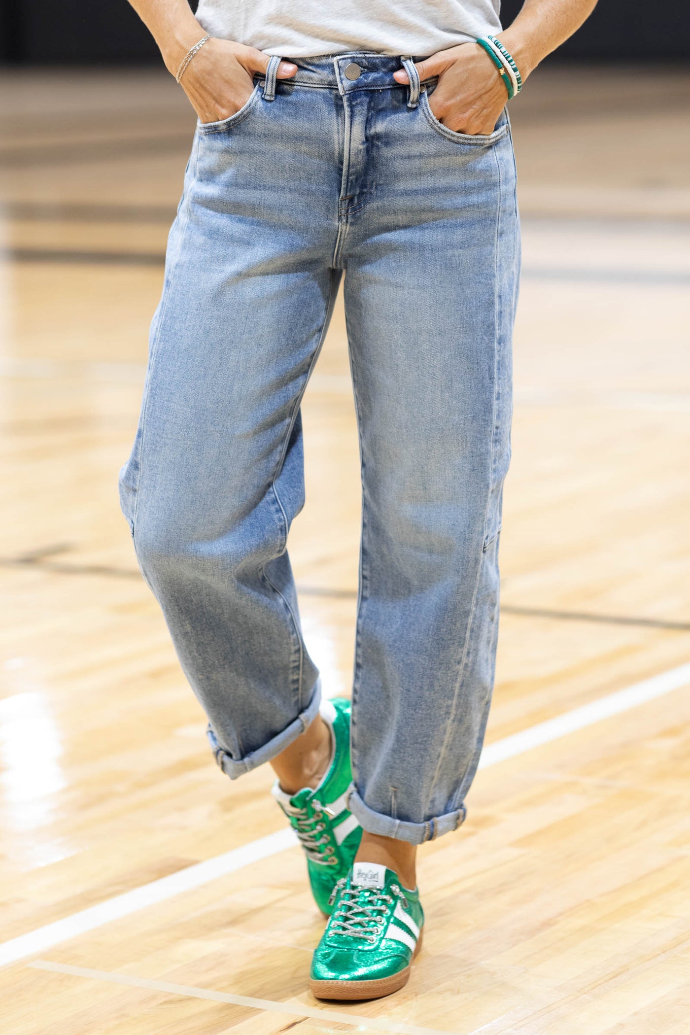 Risen Medium Wash High Rise Barrel Cuffed Jeans