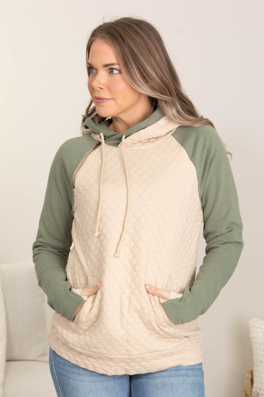 Quilted Jacquard Knit Layered Hood Sweatshirts