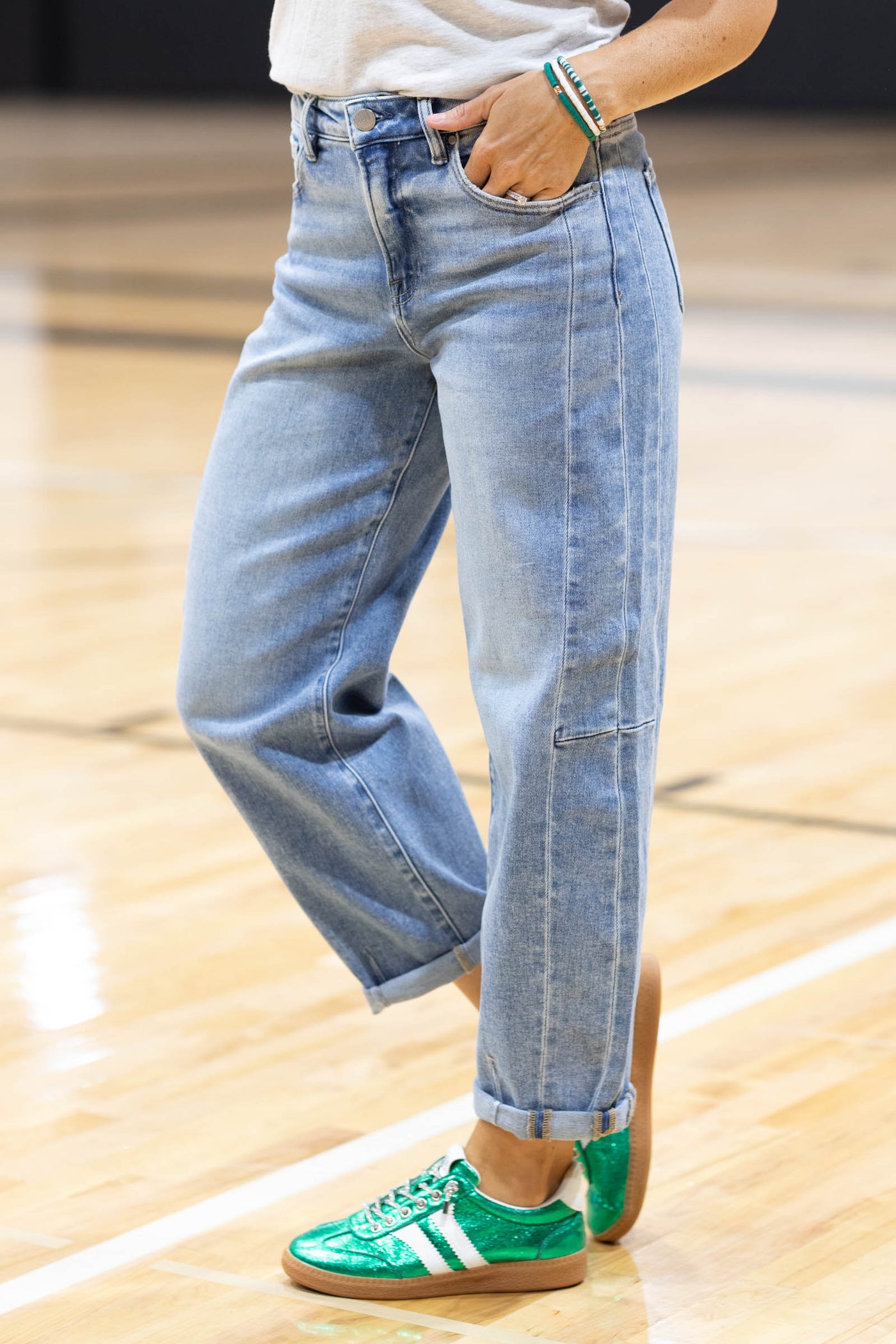 Risen Medium Wash High Rise Barrel Cuffed Jeans