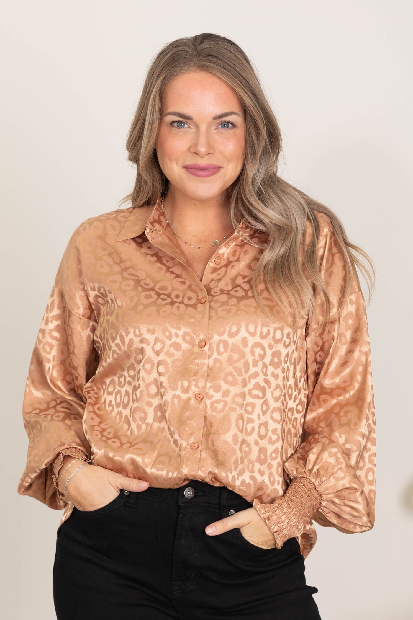 Camel Leopard Pattern Satin Woven Top