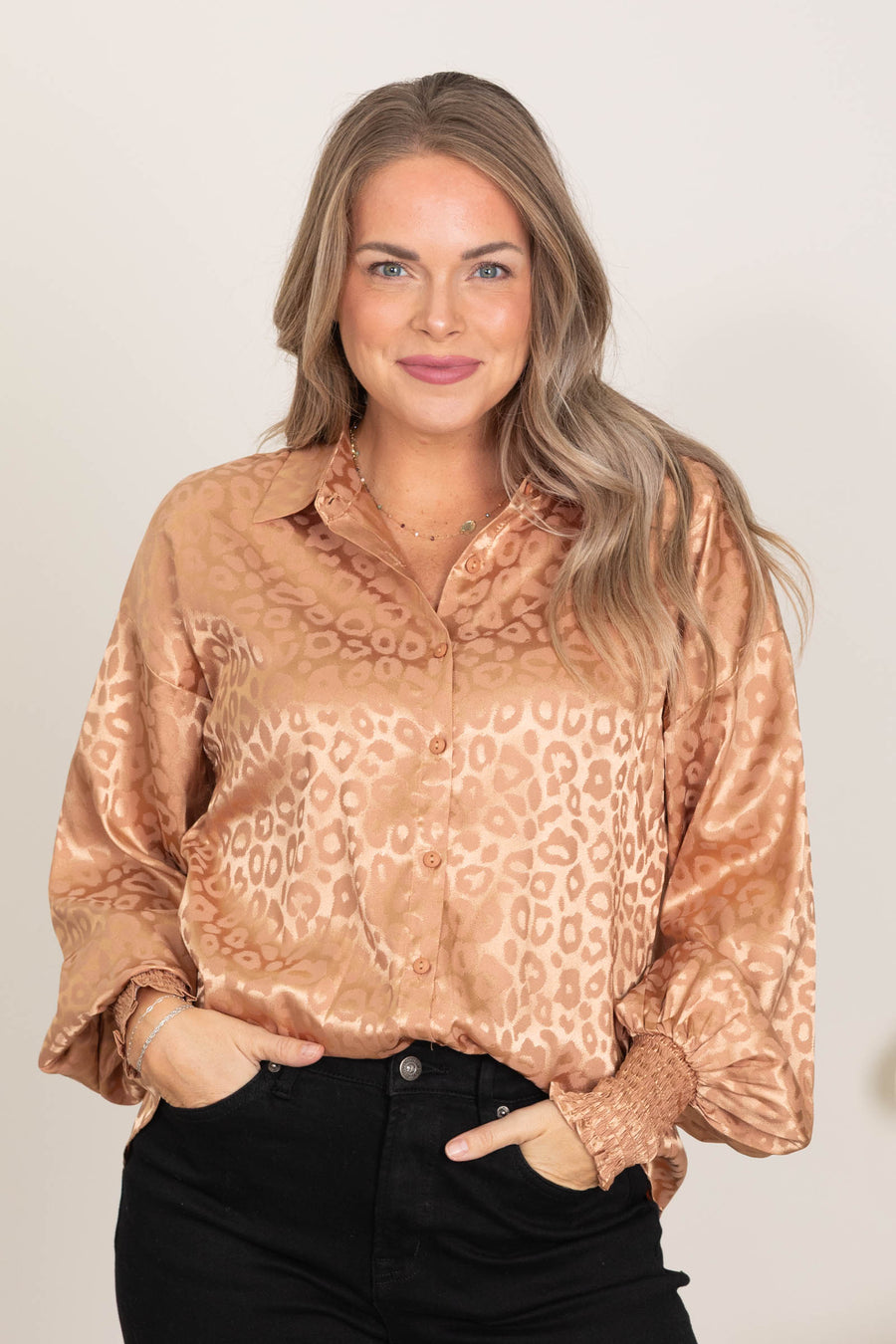 Camel Leopard Pattern Satin Woven Top
