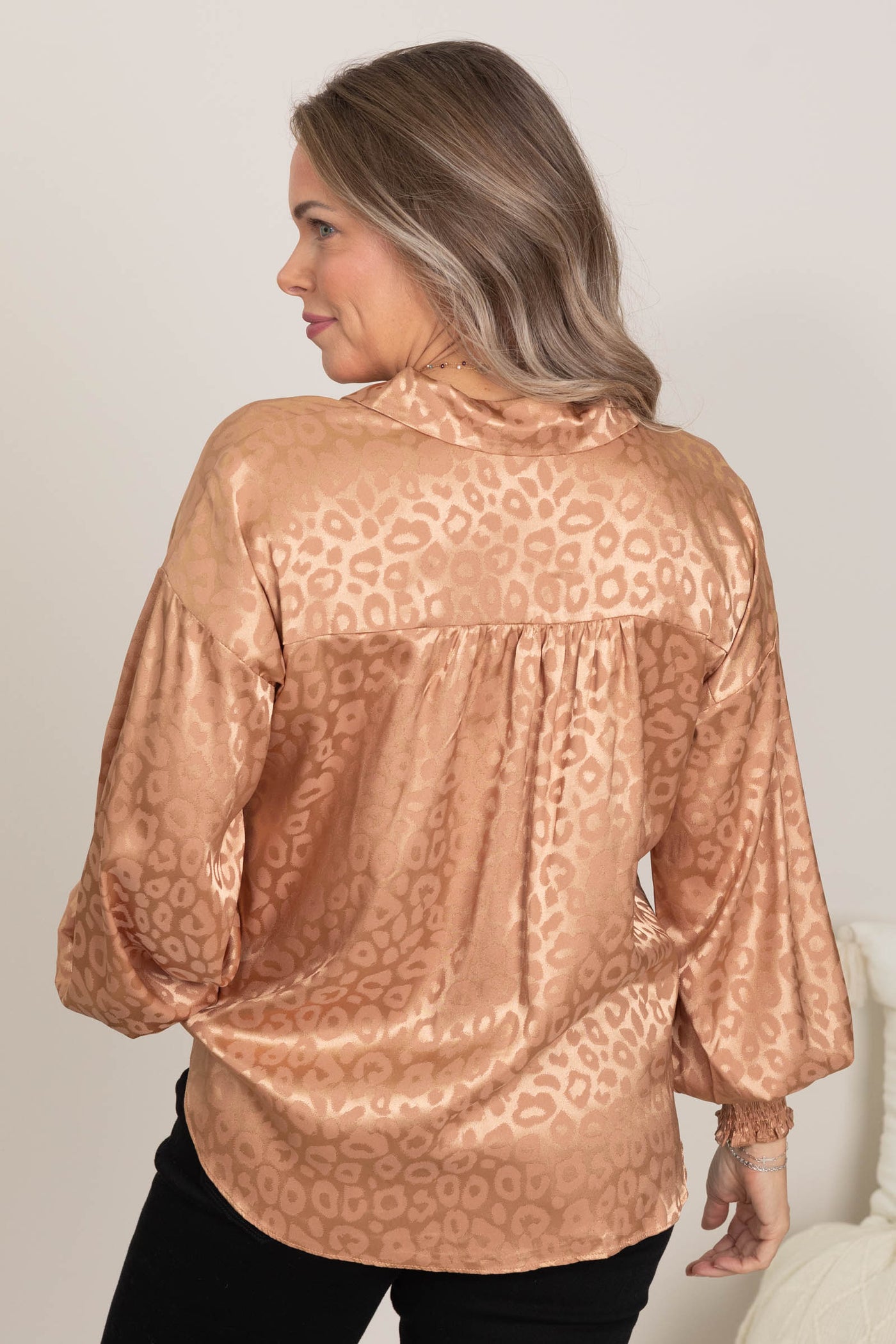 Camel Leopard Pattern Satin Woven Top