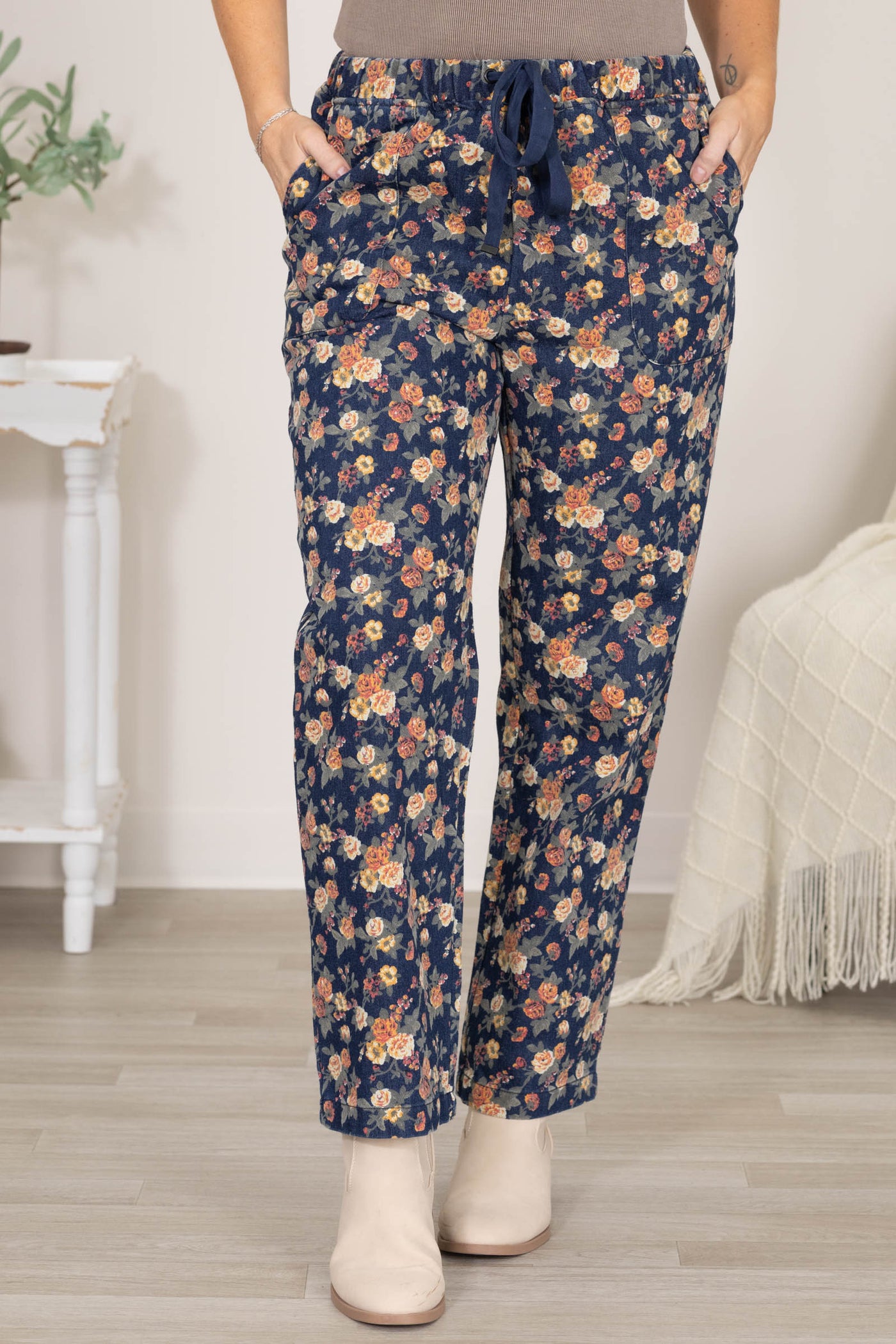 Navy Vintage Floral Denim Barrel Leg Pants