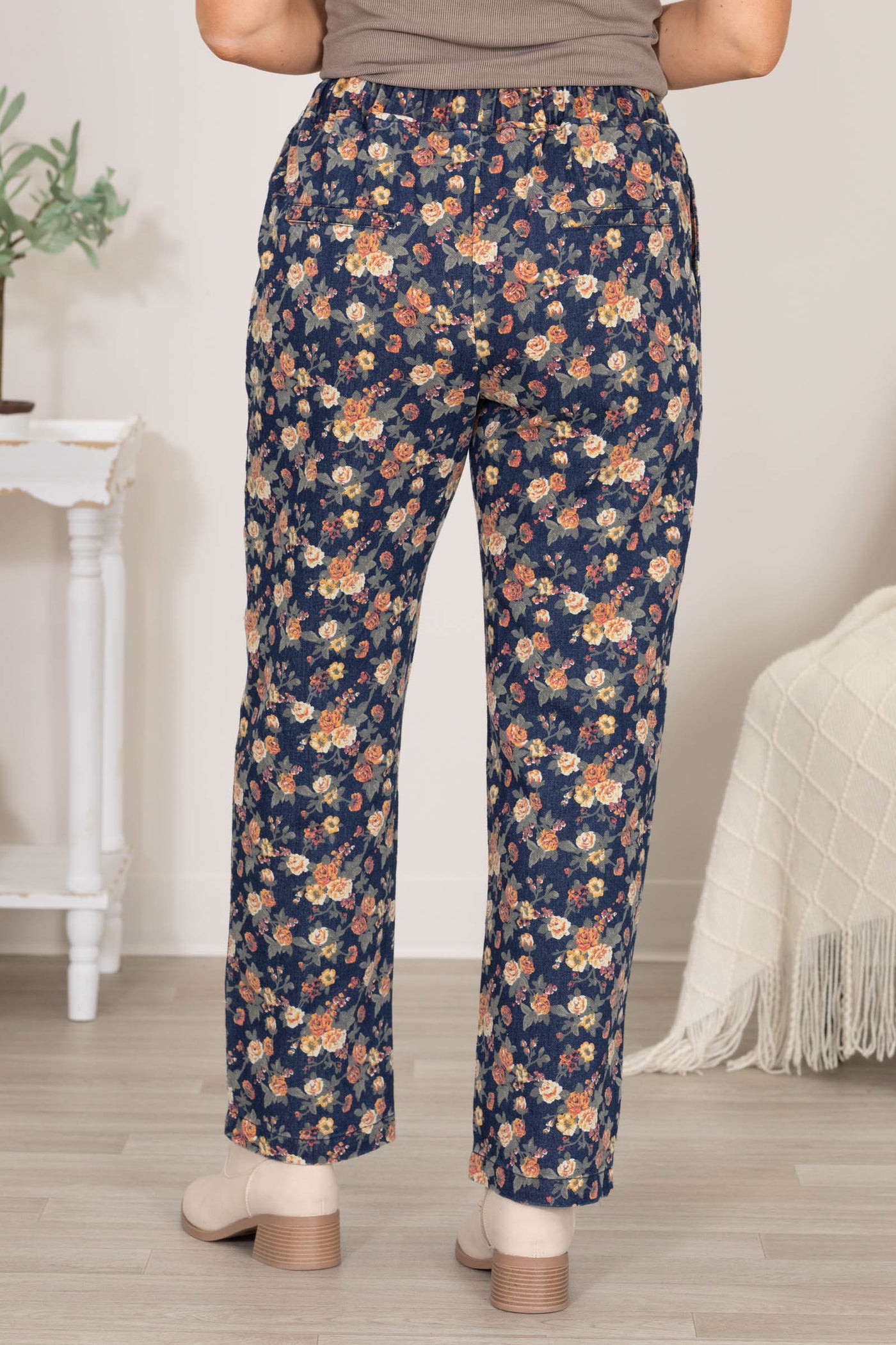 Navy Vintage Floral Denim Barrel Leg Pants