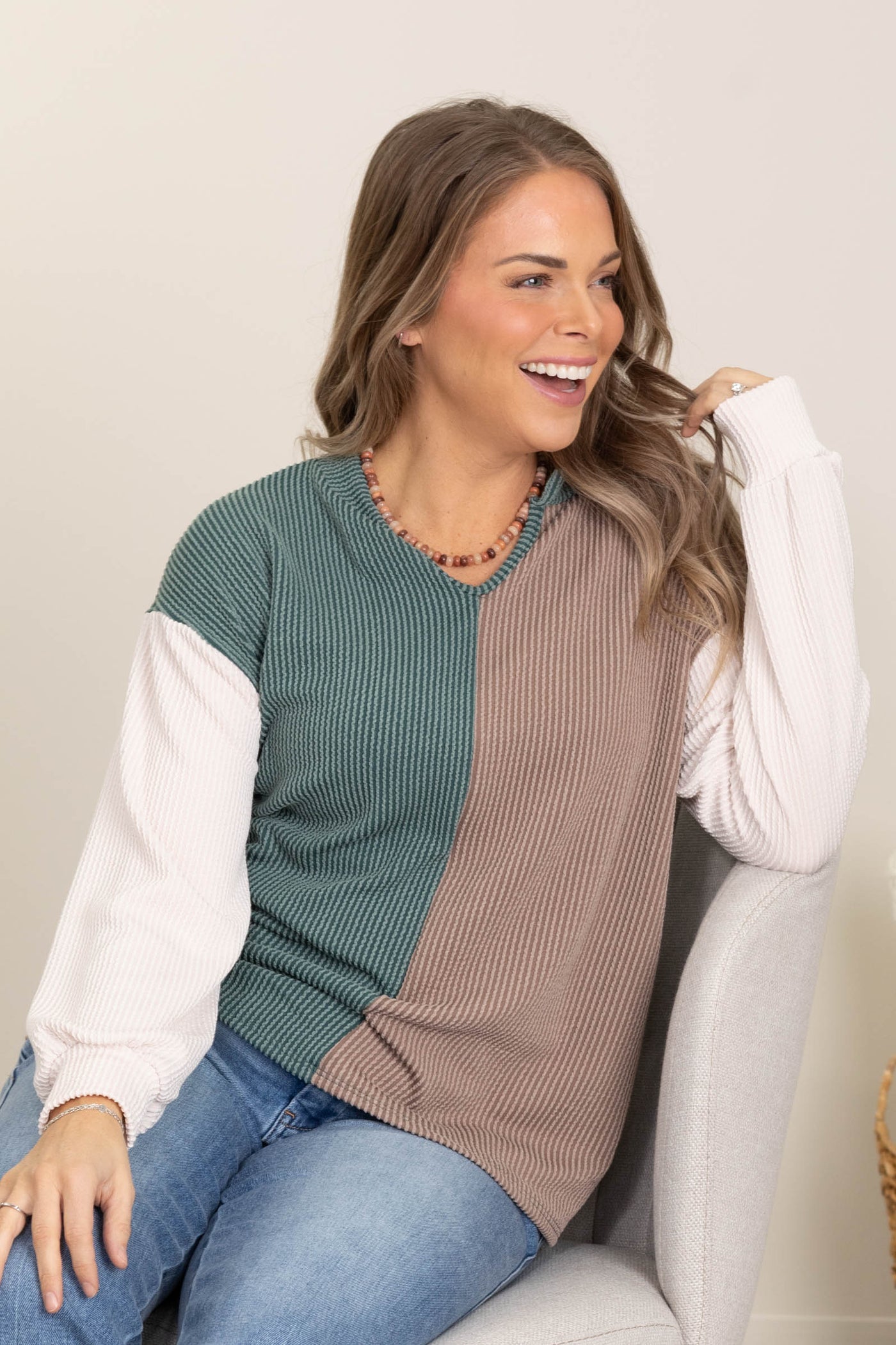 Colorblock Top Colorblock Ribbed Knit Tops With V-Neck · Filly Flair