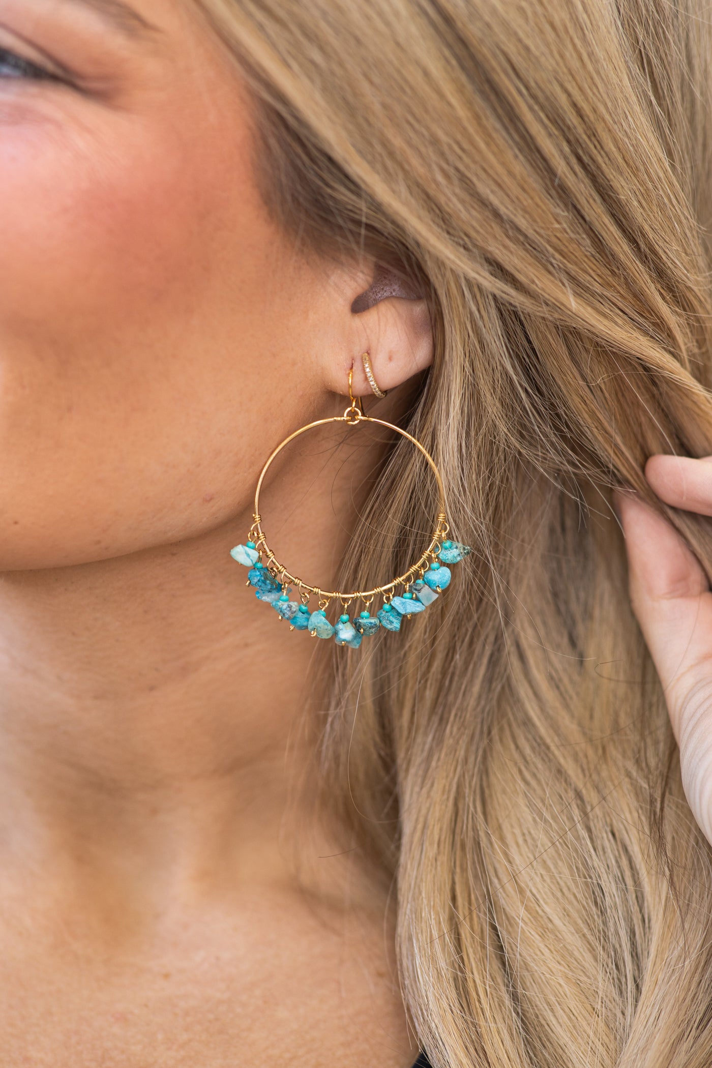 Turquoise Small Stone Fringe Hoop Earrings