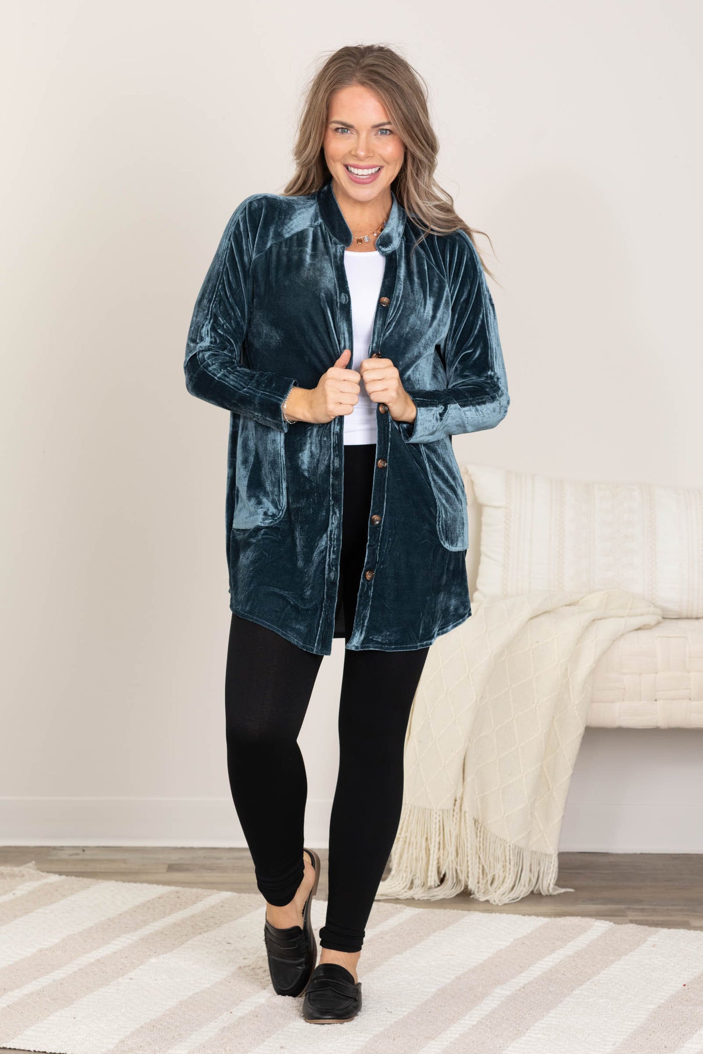 Teal Soft Knit Velvet Button Up Top