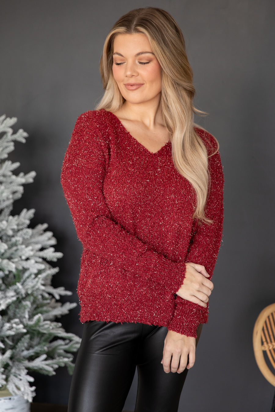 Burgundy V-Neck Popcorn Textured Sweater