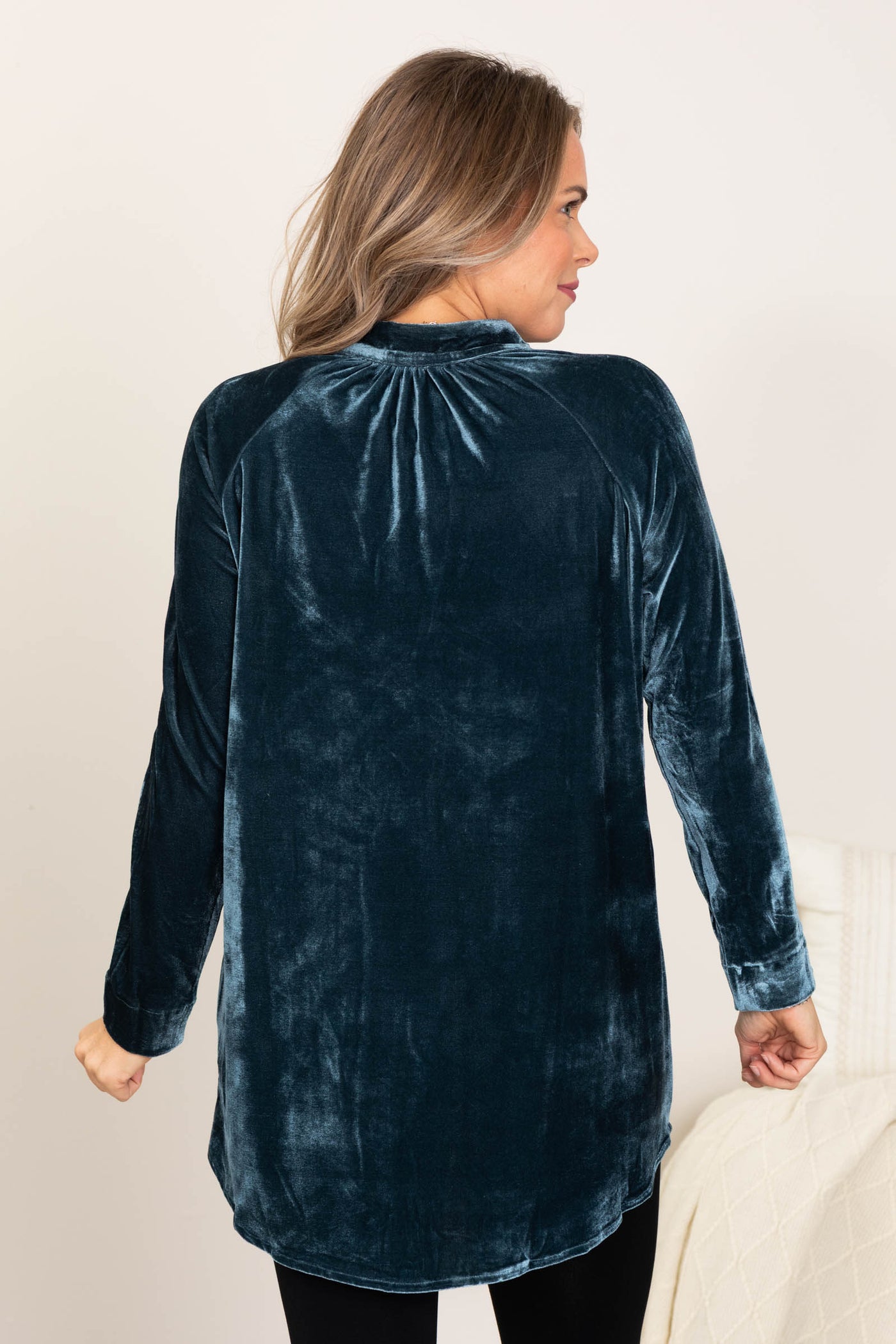 Teal Soft Knit Velvet Button Up Top