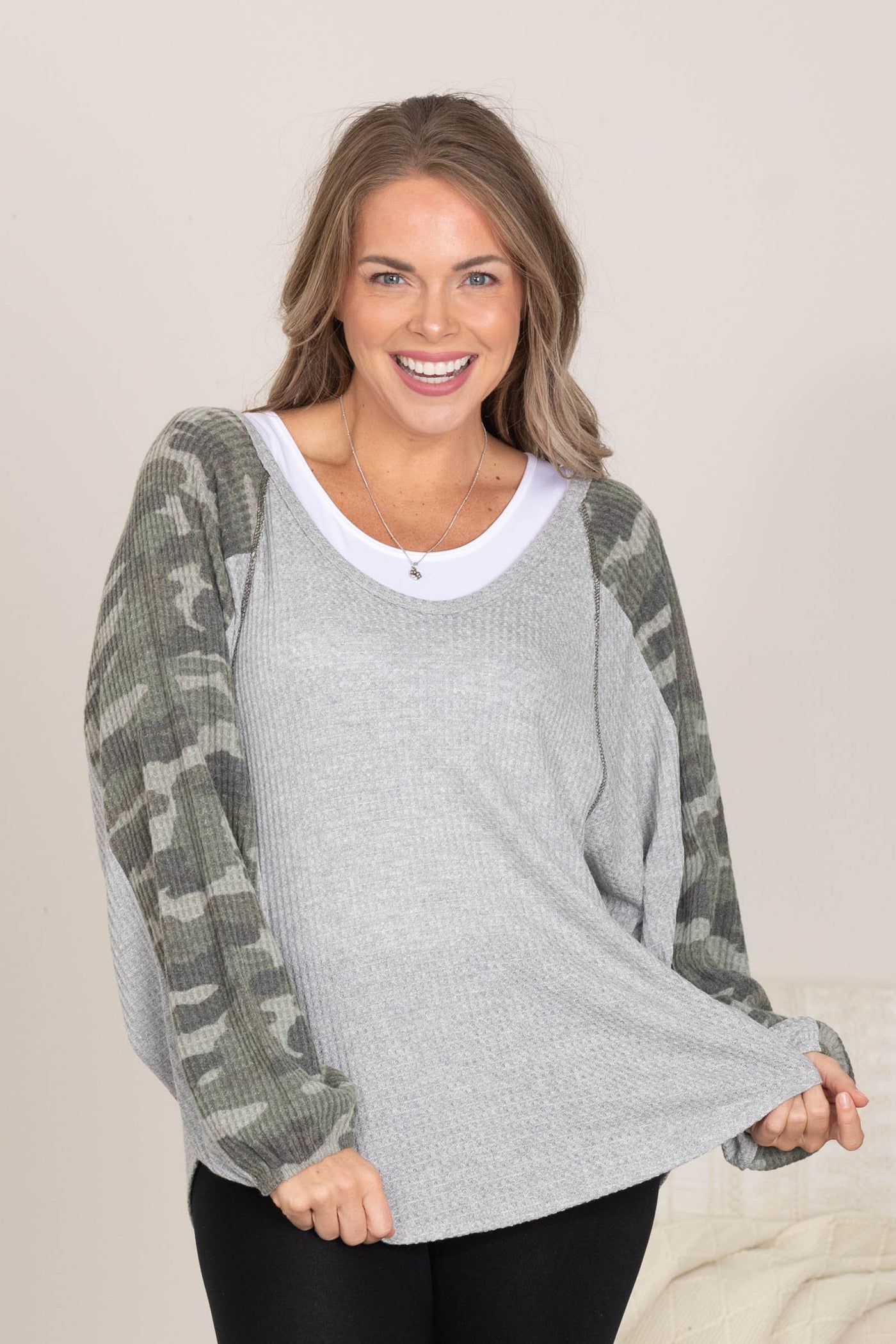 Heather Grey V-Neck Contrast Camo Knit Top
