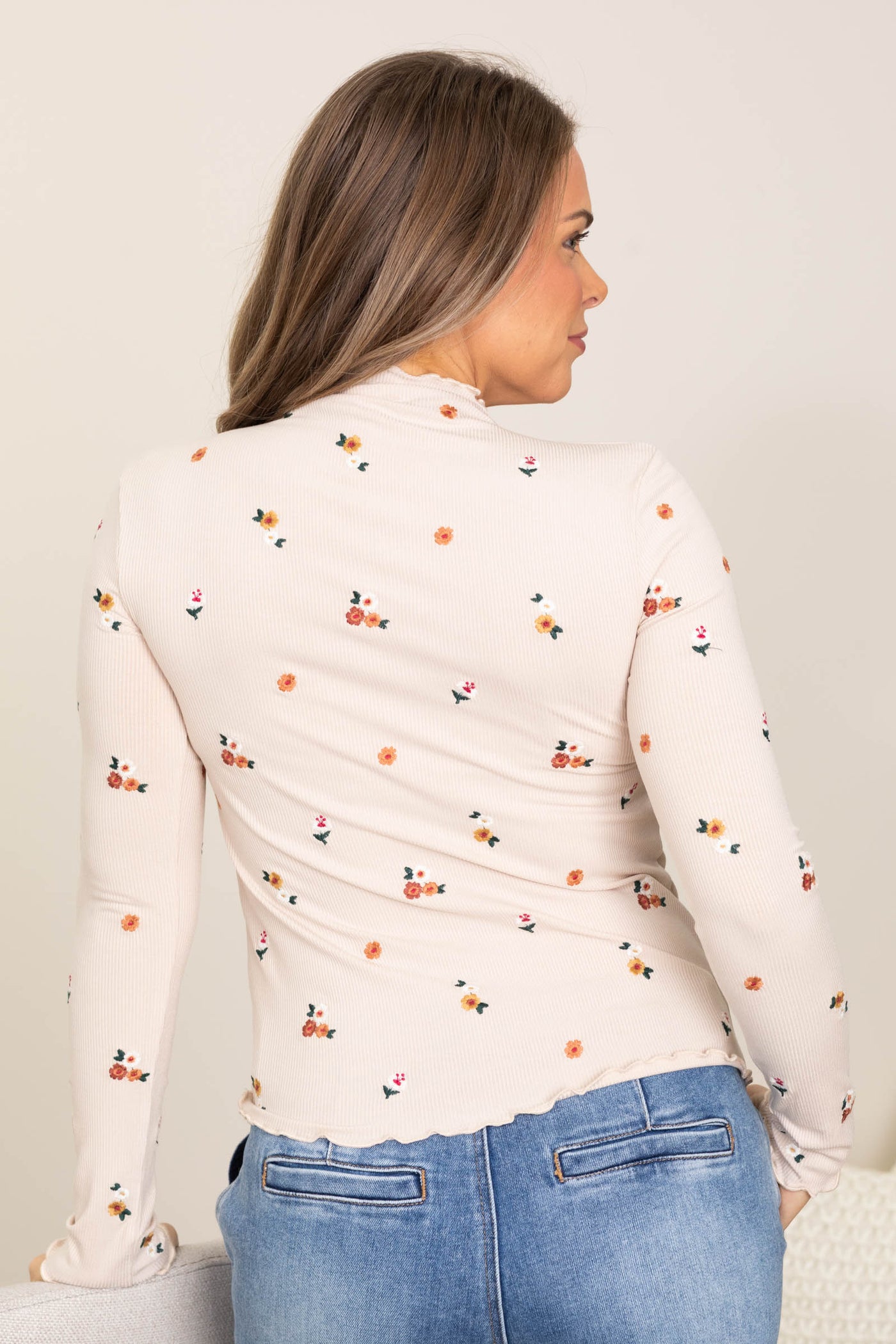 Beige Floral Cabbage Hem Mock Neck Rib Knit Top