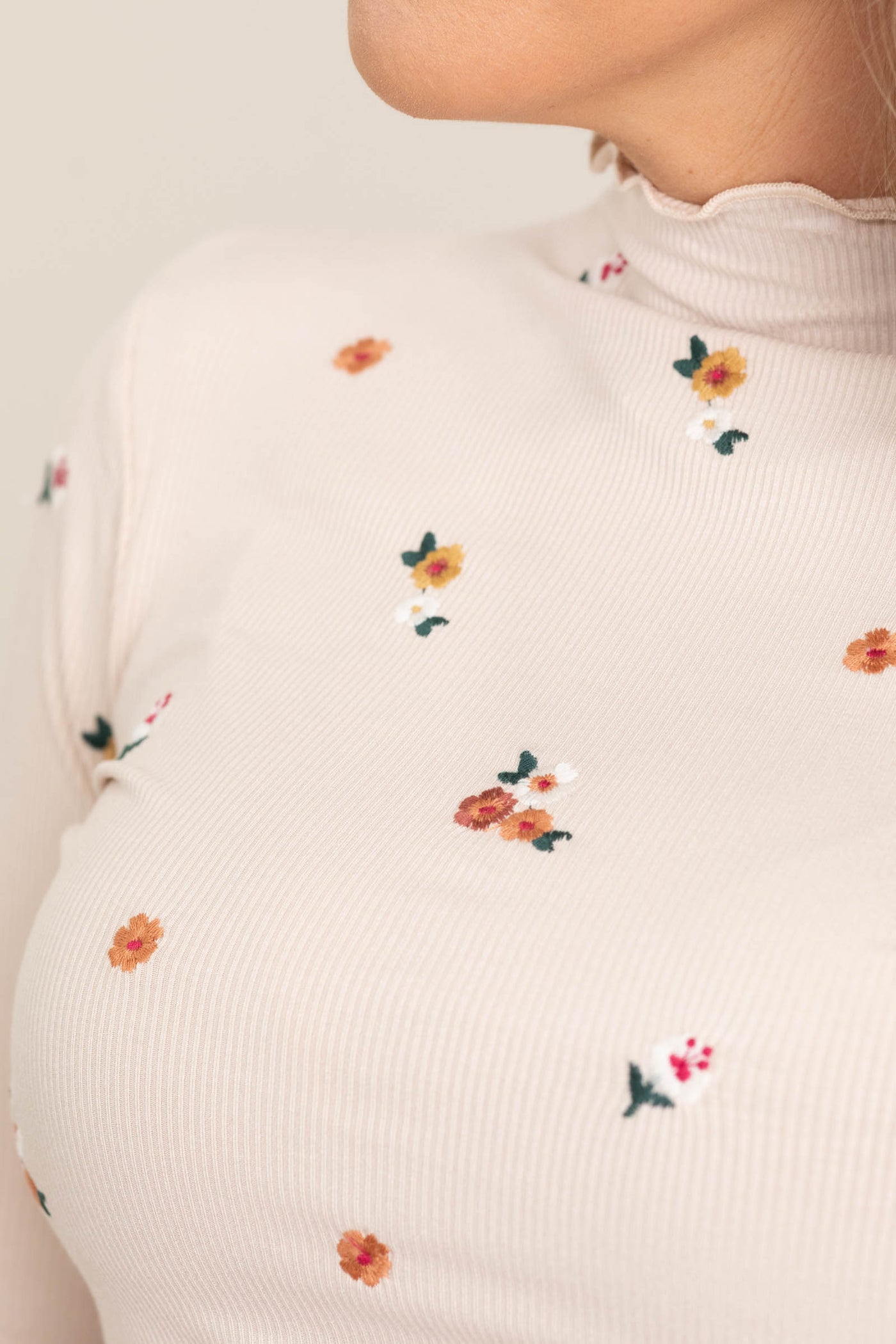 Beige Floral Cabbage Hem Mock Neck Rib Knit Top