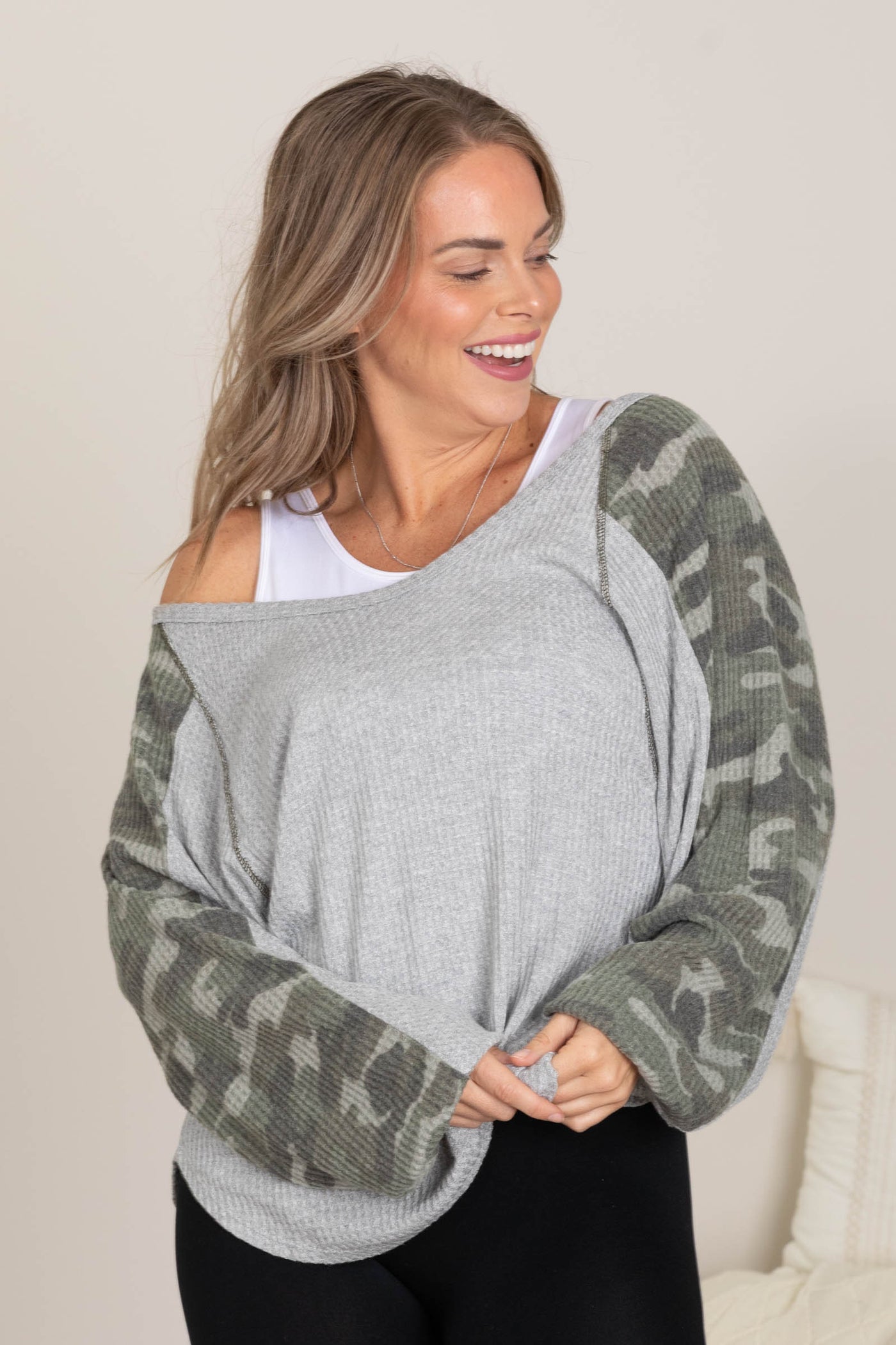 Heather Grey V-Neck Contrast Camo Knit Top