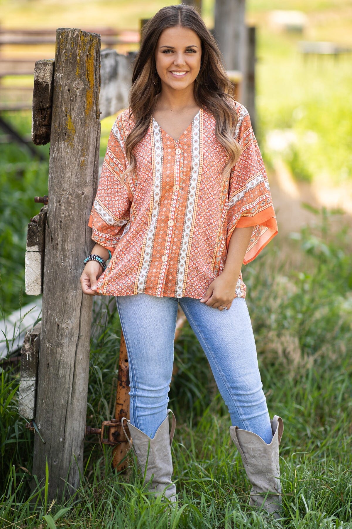 Burnt Orange Boho Print Top With Button Detail - Filly Flair