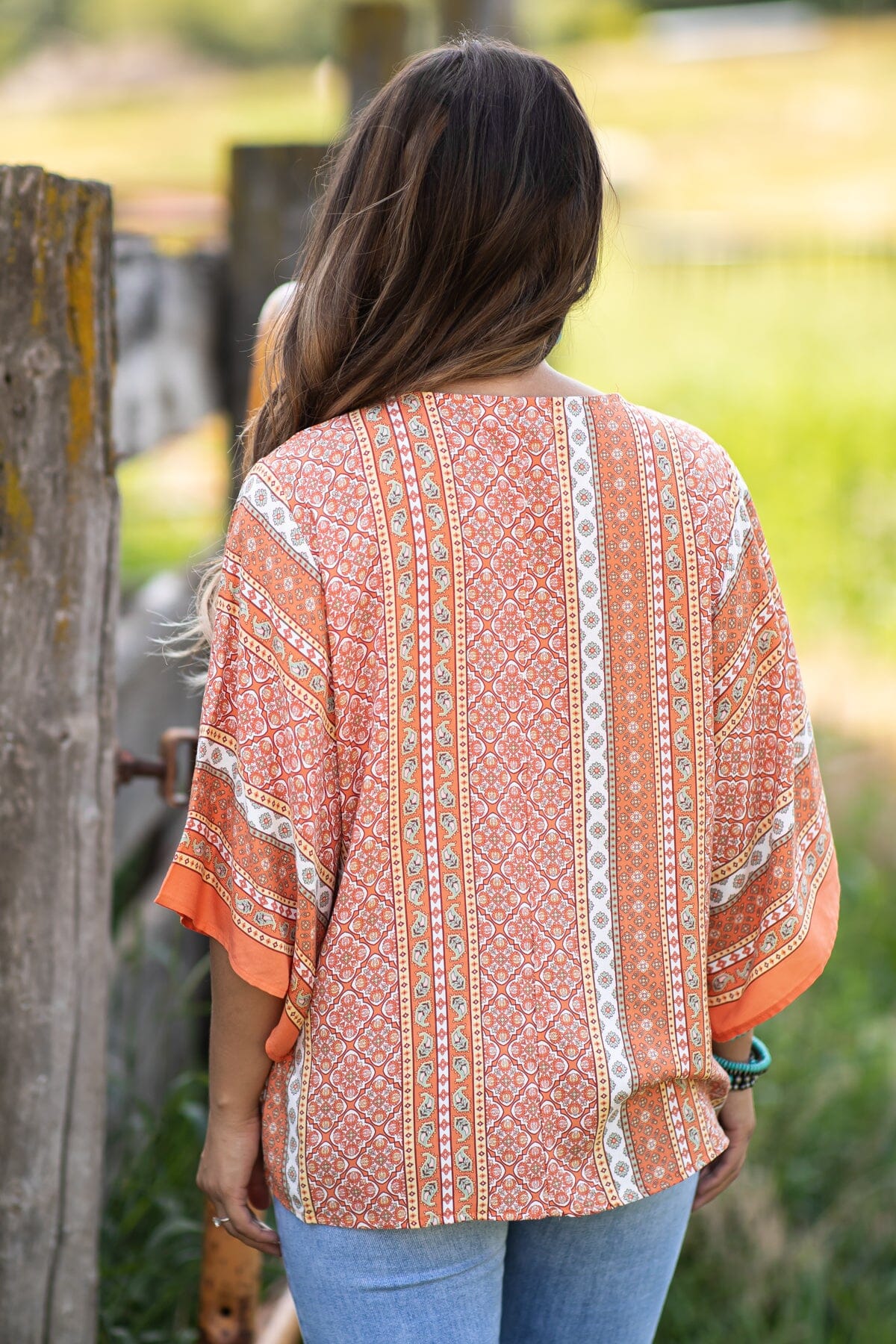 Burnt Orange Boho Print Top With Button Detail - Filly Flair