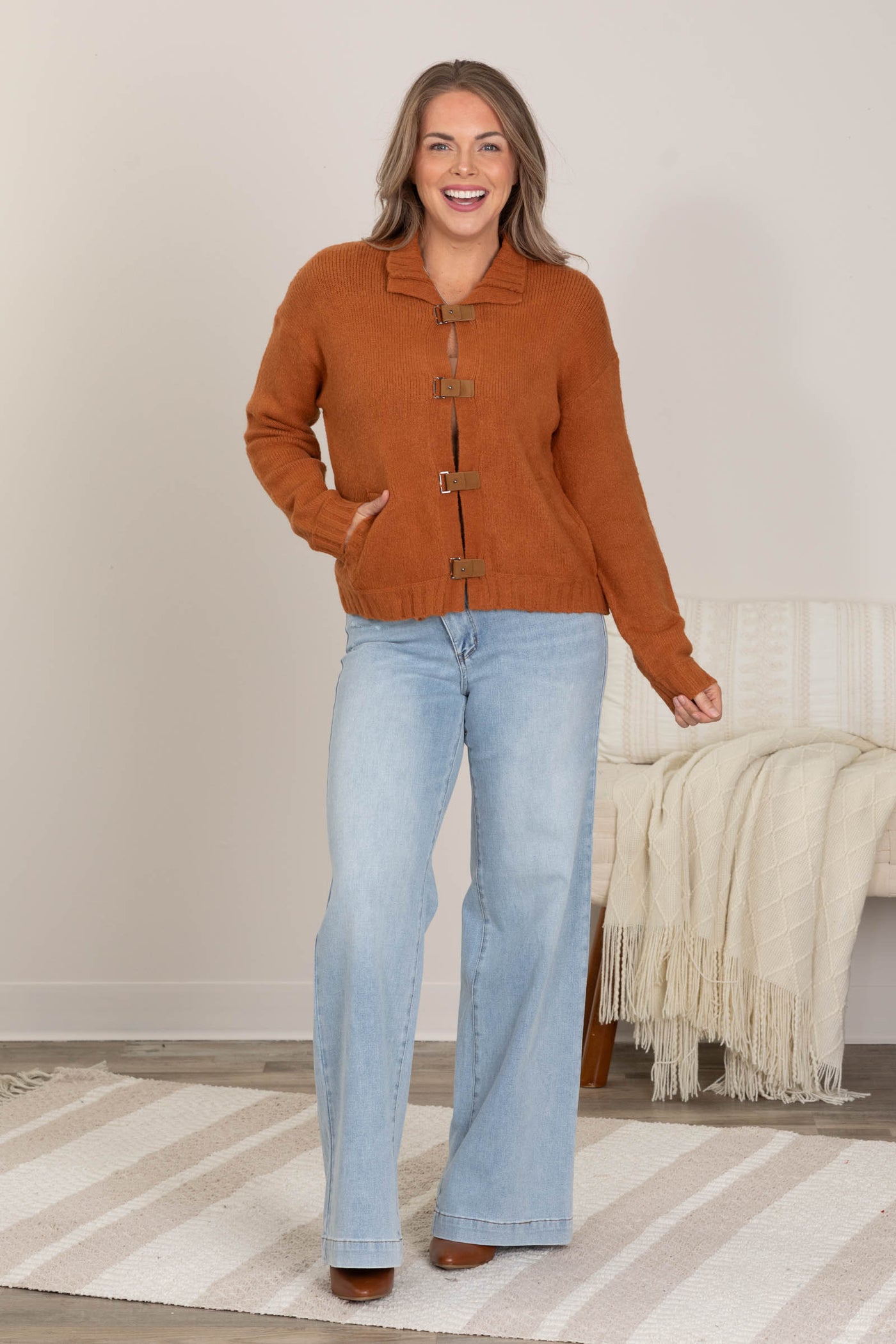 Caramel Soft Knit Cardigan And Buckle Closures