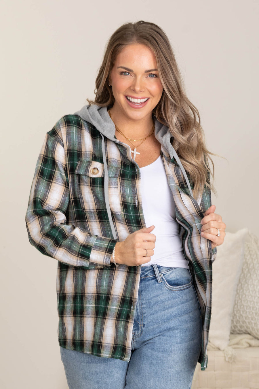 Dark Green And Tan Plaid Hooded Shacket