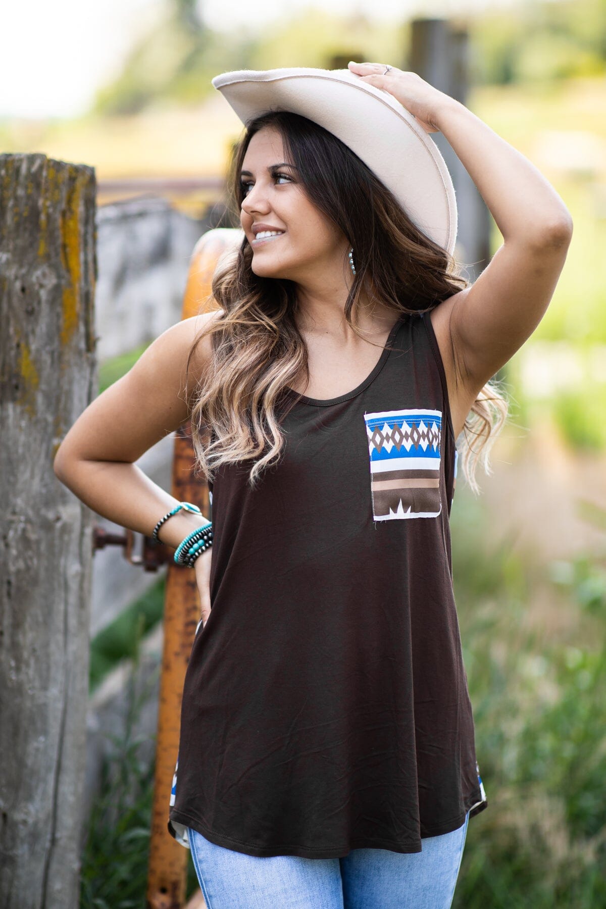 Brown and Blue Aztec Print Back Tank - Filly Flair
