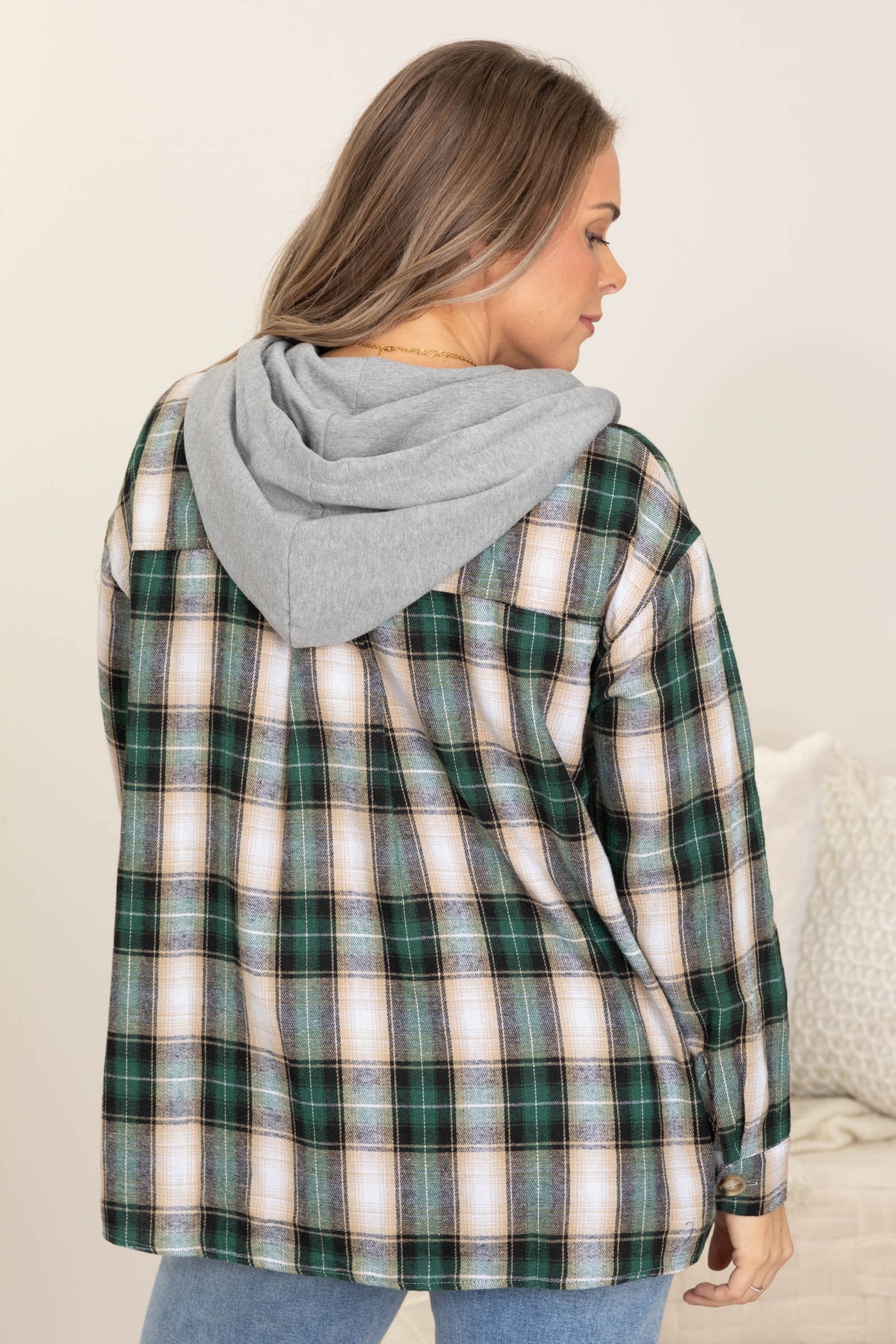 Dark Green And Tan Plaid Hooded Shacket
