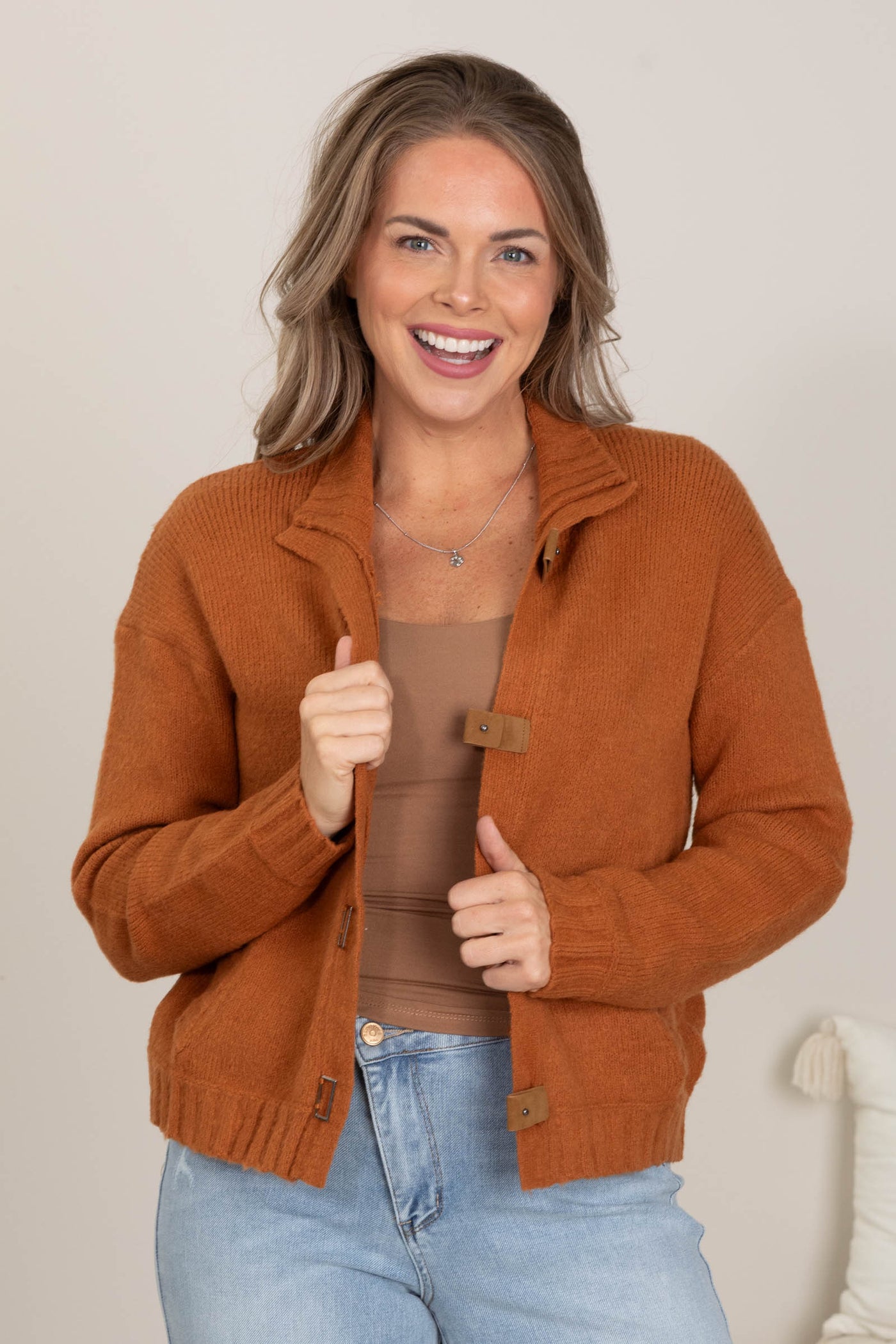 Caramel Soft Knit Cardigan And Buckle Closures