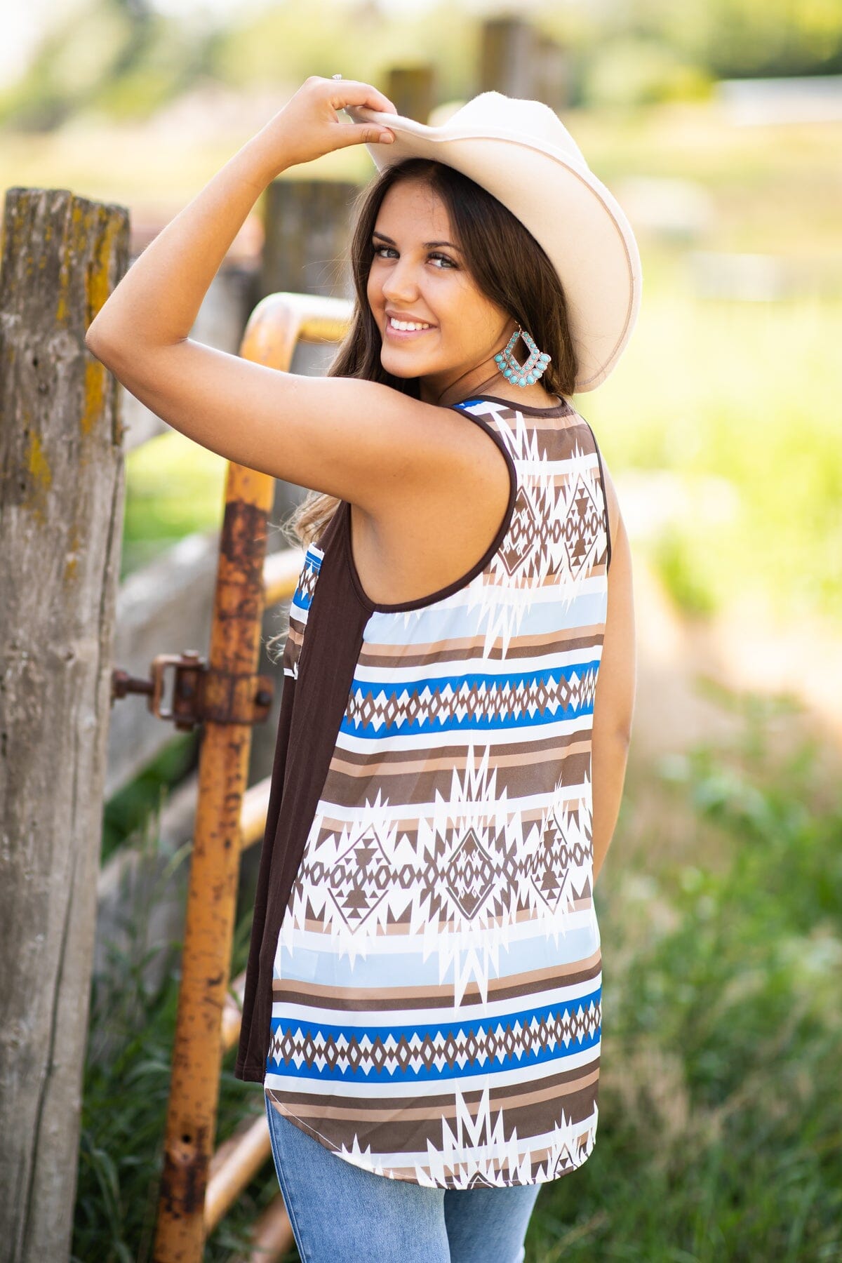 Brown and Blue Aztec Print Back Tank - Filly Flair