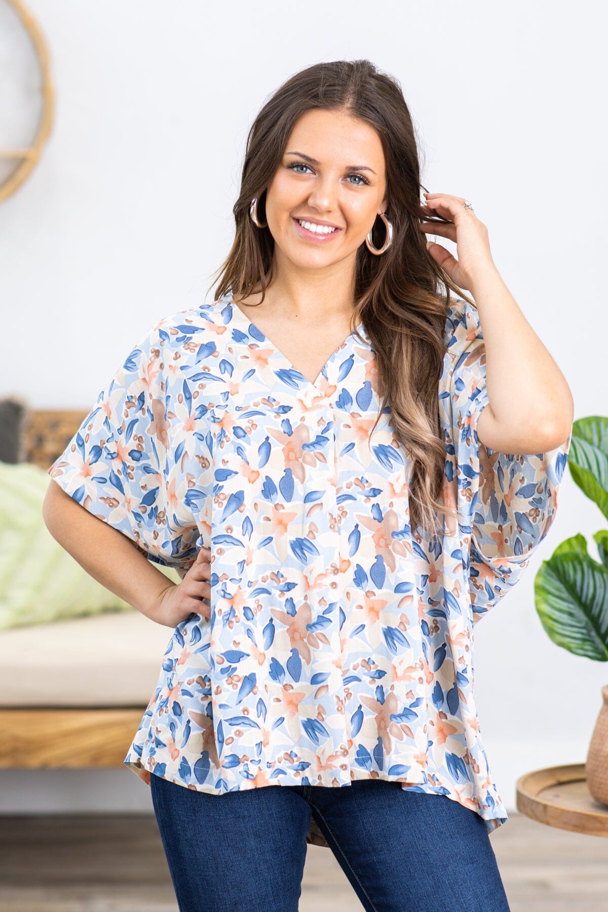 Slate Blue and Peach Floral Print Top - Filly Flair