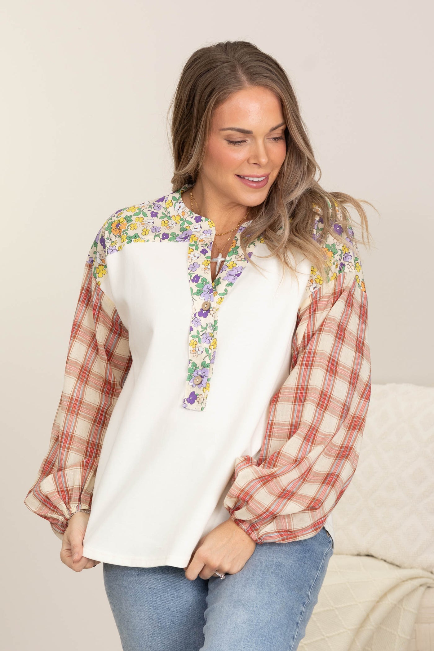 Ivory And Plaid Long Sleeve Knit Tops