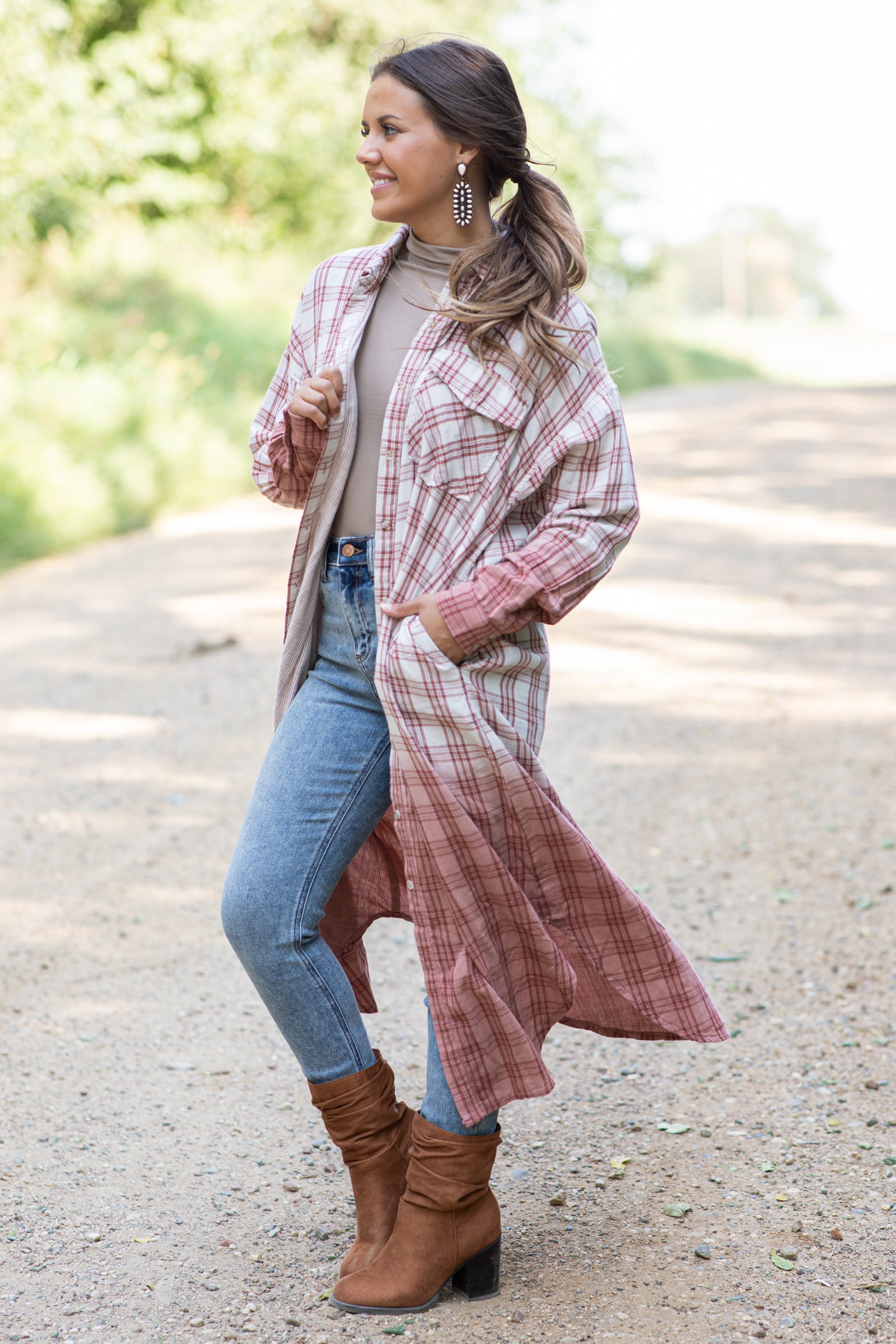 Dusty Rose Ombre Long Plaid Button Up Top