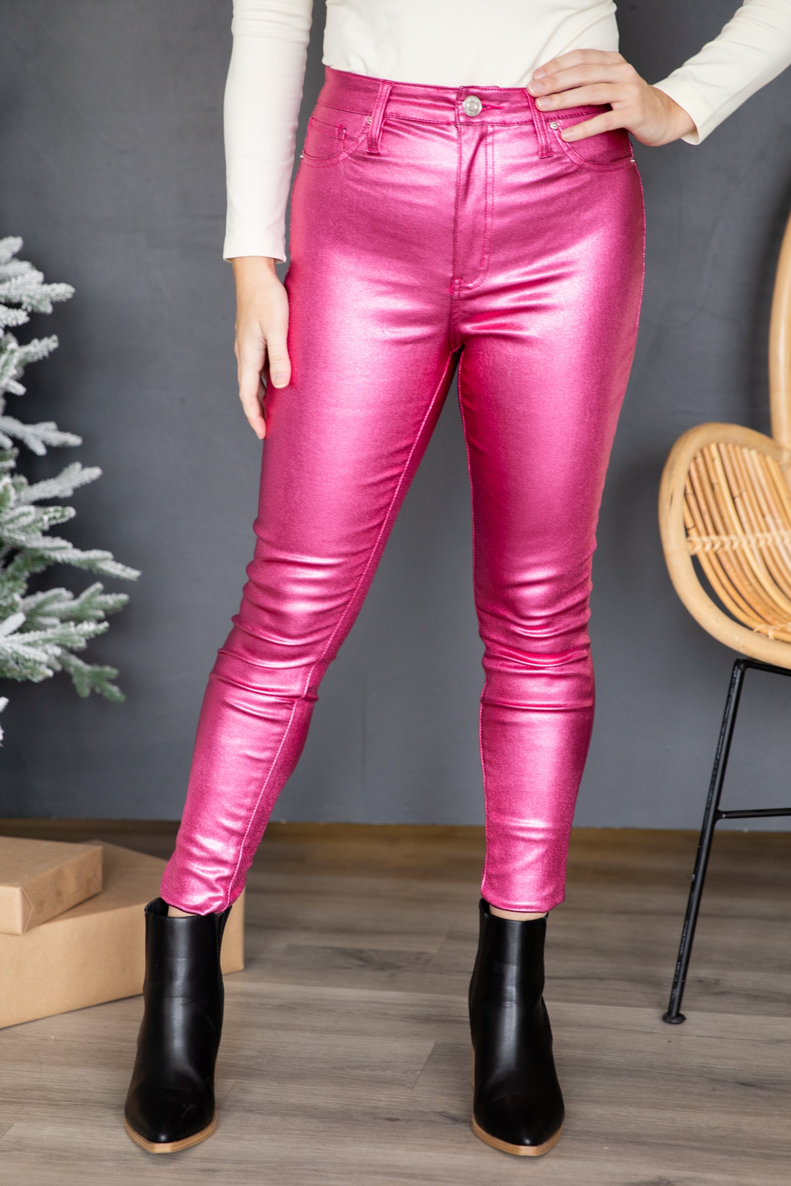 Hot Pink Metallic Coated Skinny Pants