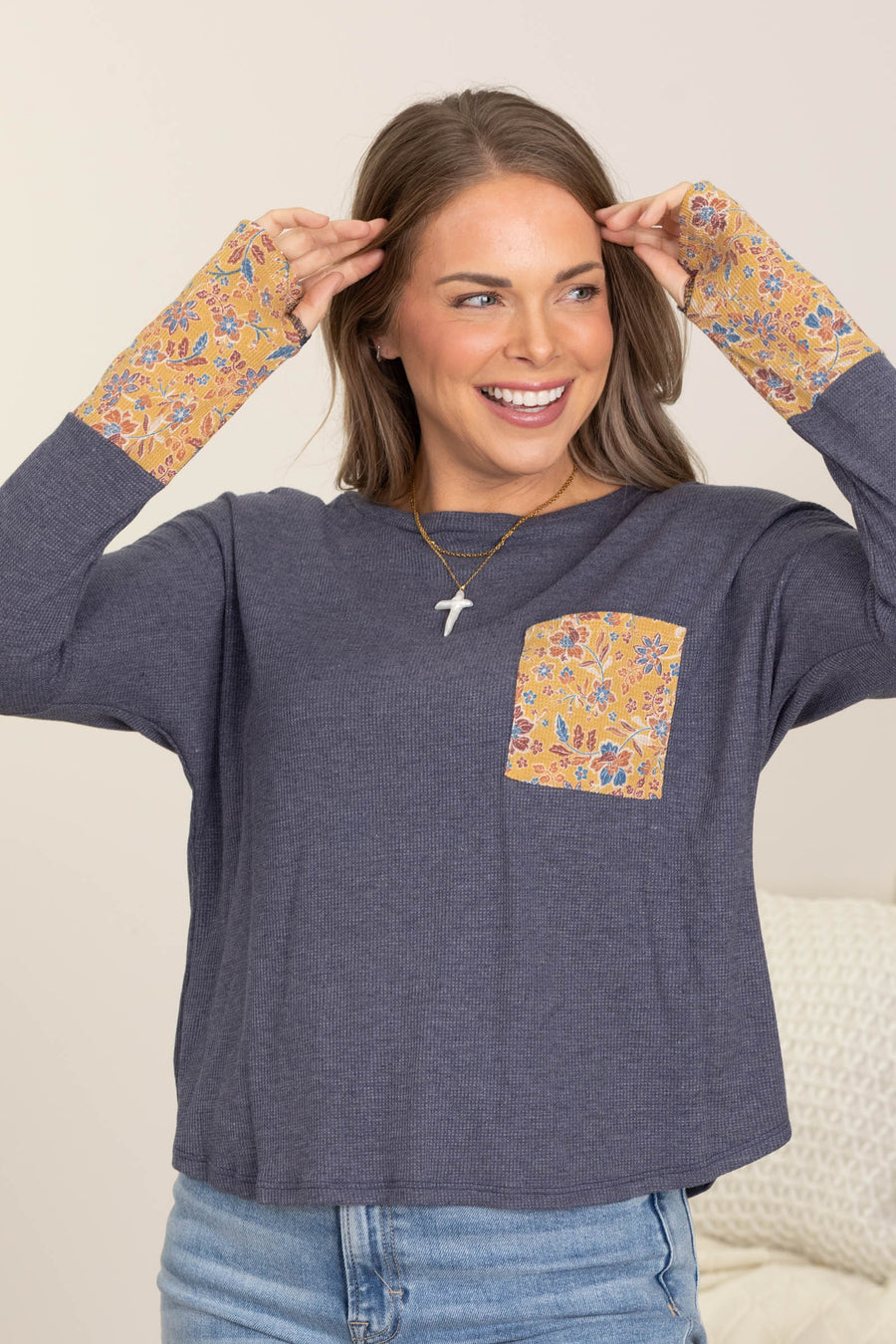 Slate Blue with Mustard Floral Knit Top