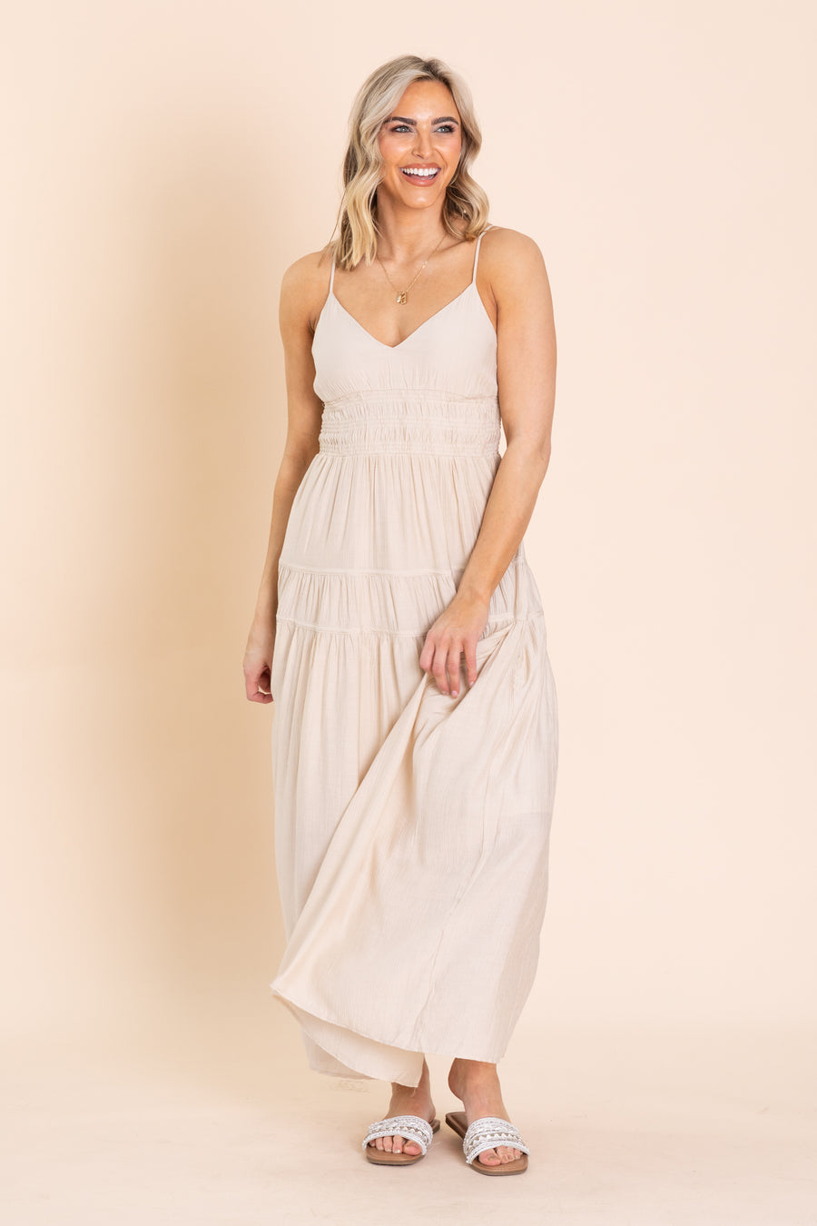 Khaki V-Neck Shirred Waist Maxi Dress