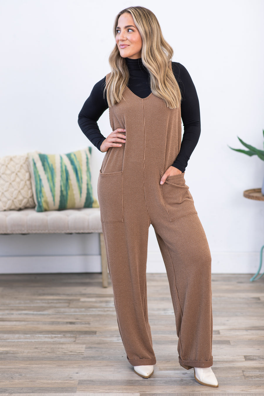 Brown Ribbed Jumpsuits With Pockets