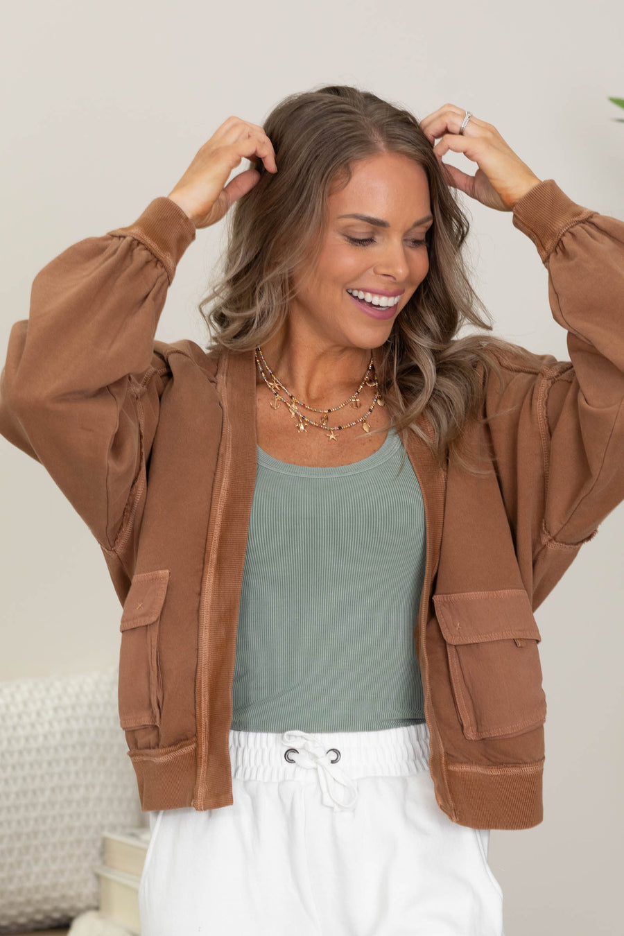 Chestnut Vintage Washed Cardigan With Pockets