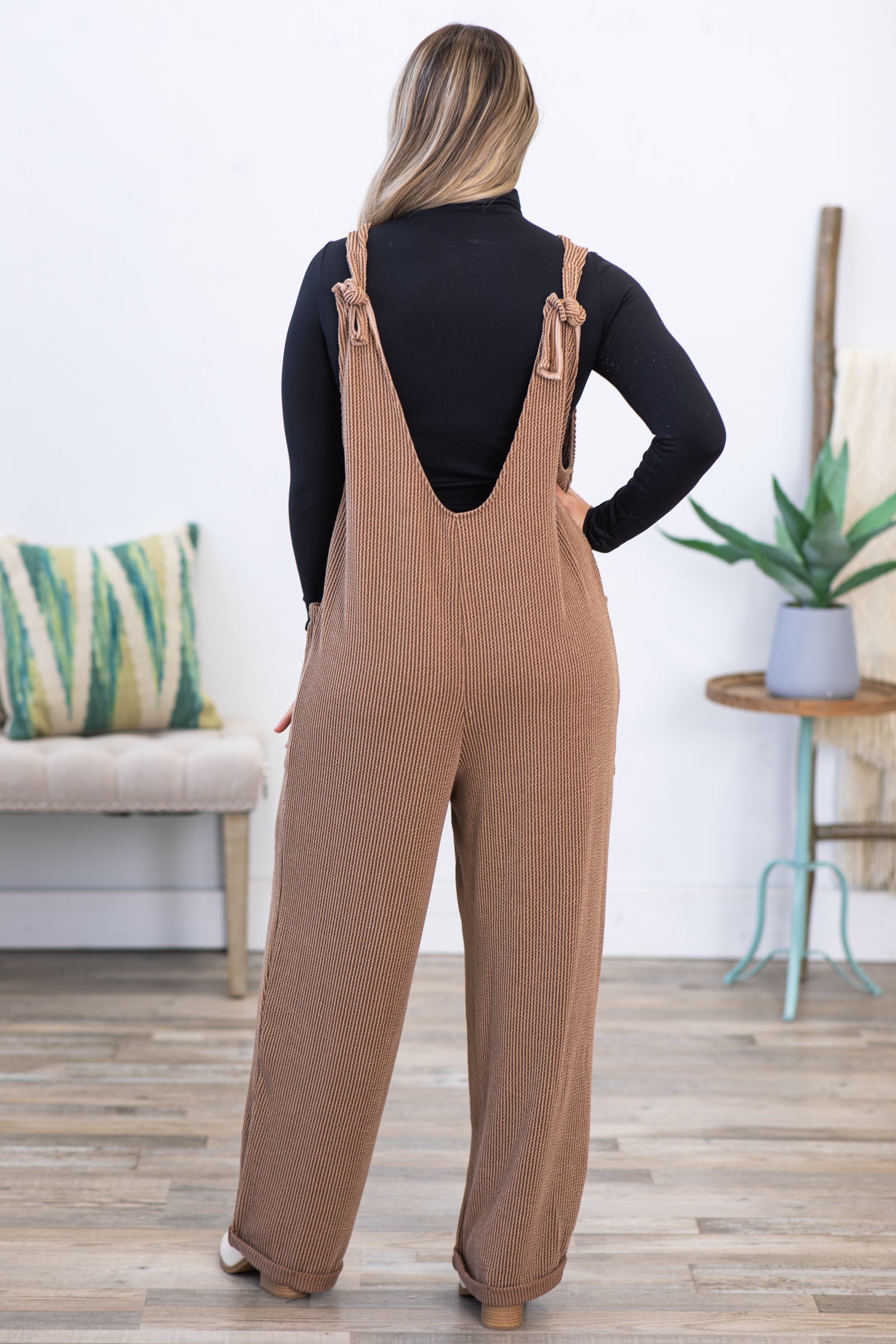 Brown Ribbed Jumpsuits With Pockets