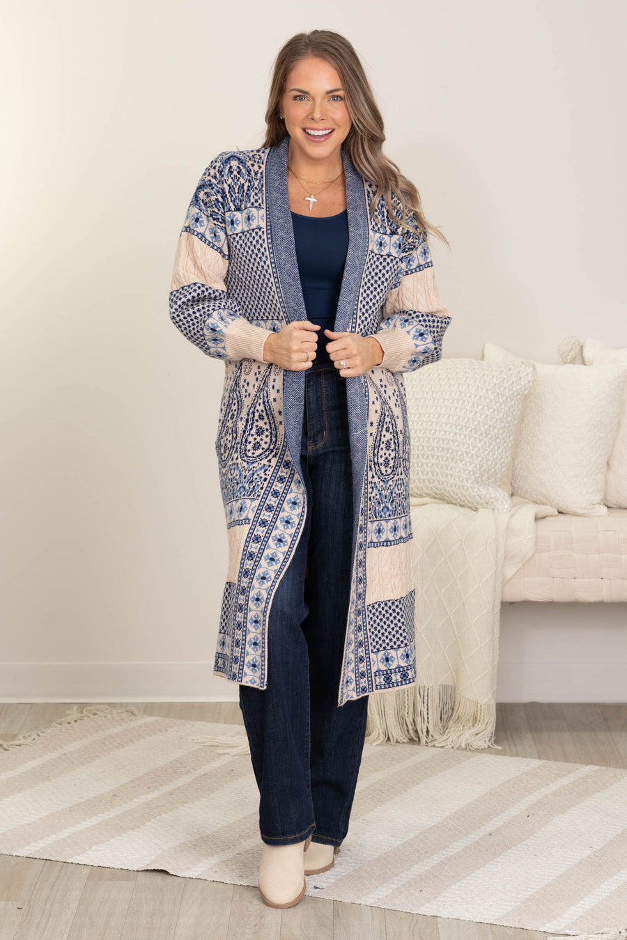 Navy Paisley Motif Sweater Coatigan