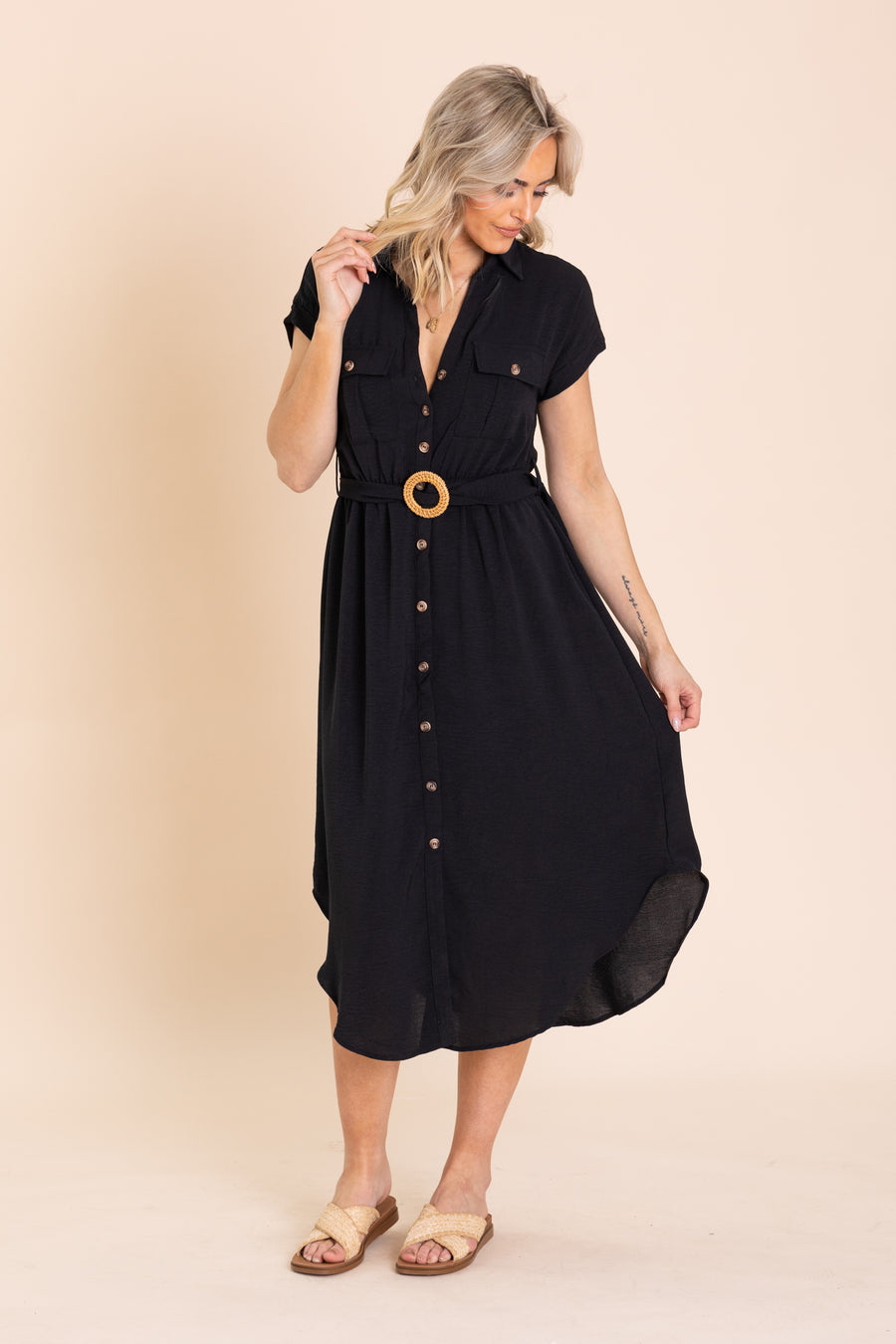 Black Collared Button Down Belted Midi Dress