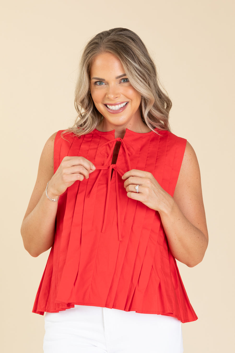 Red Solid Poplin Pleated Sleeveless Woven Top