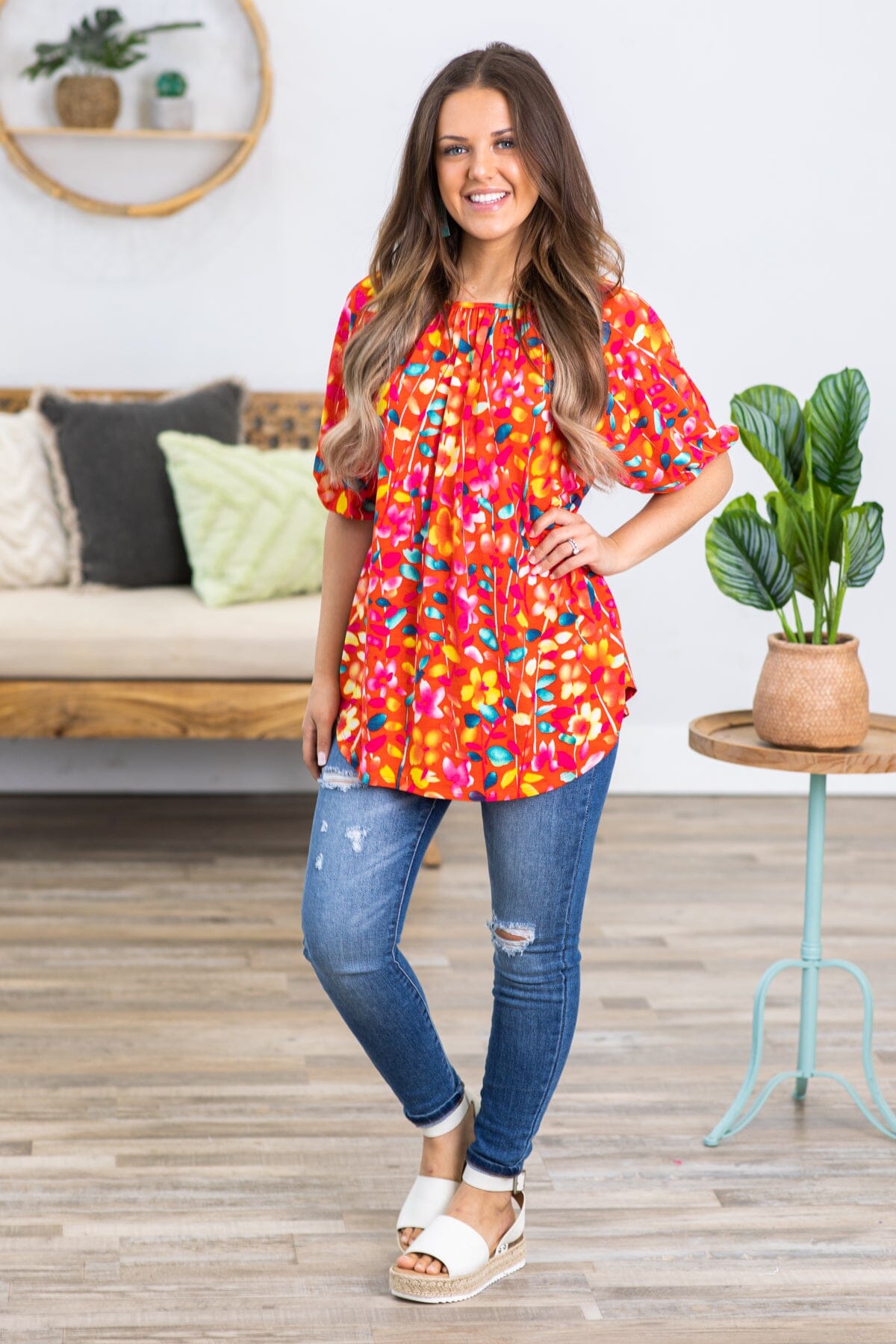 Red and Yellow Multicolor Abstract Floral Top - Filly Flair