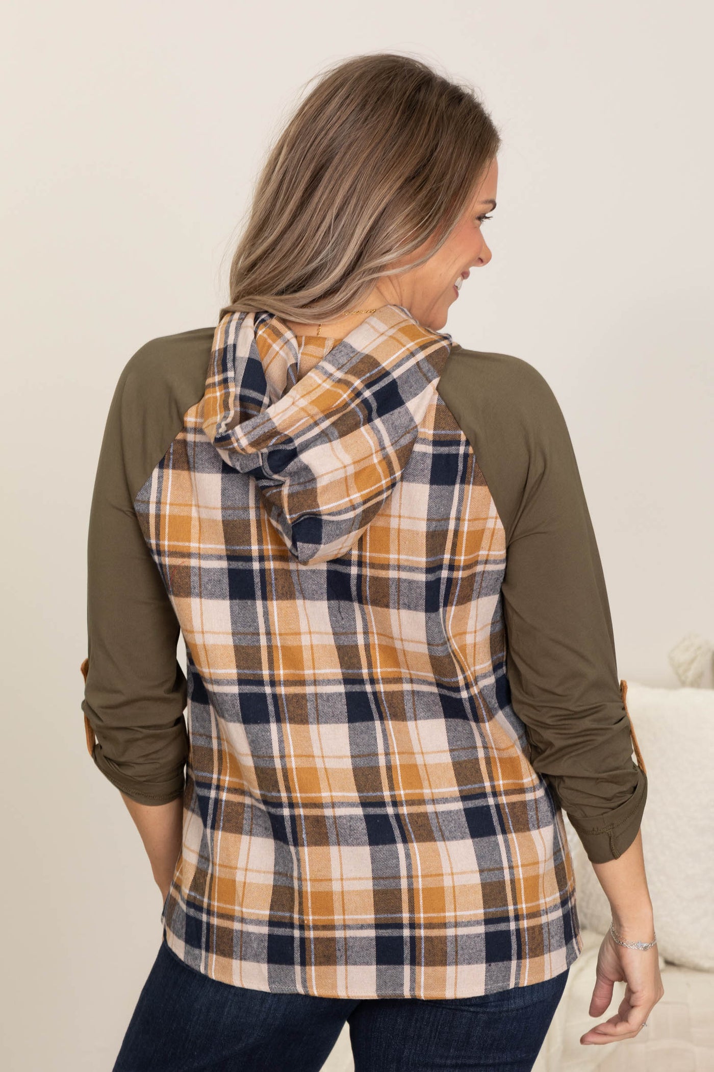 Olive And Mustard Hooded Plaid Knit Top
