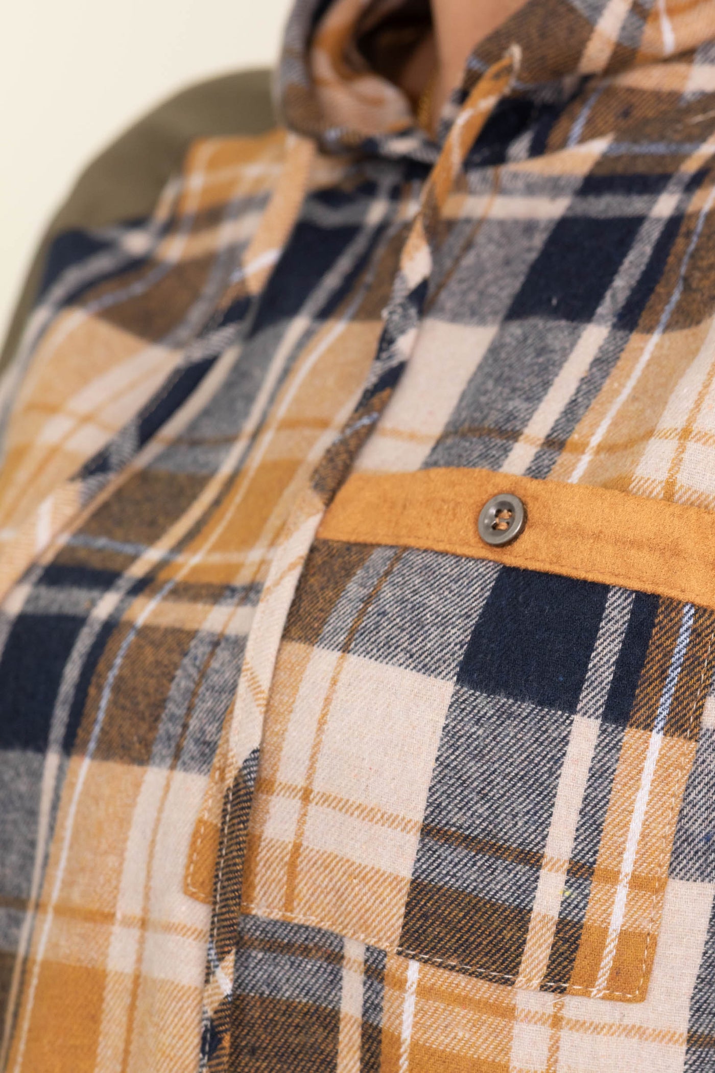 Olive And Mustard Hooded Plaid Knit Top