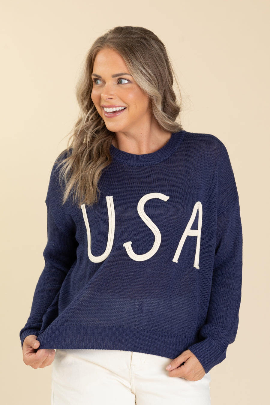 Navy USA Aplique Long Sleeve Sweater Knit Top