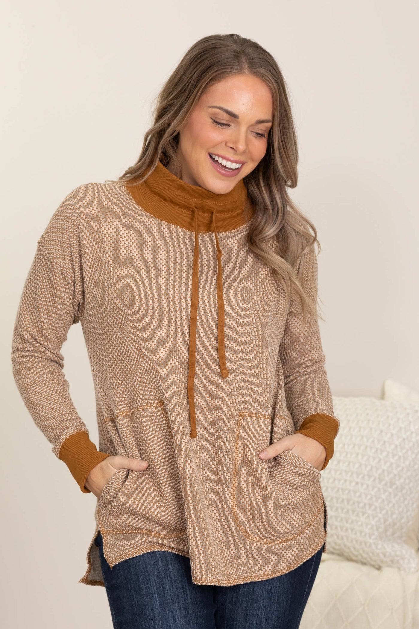 Caramel Funnel Neck Pull Over Knit Top