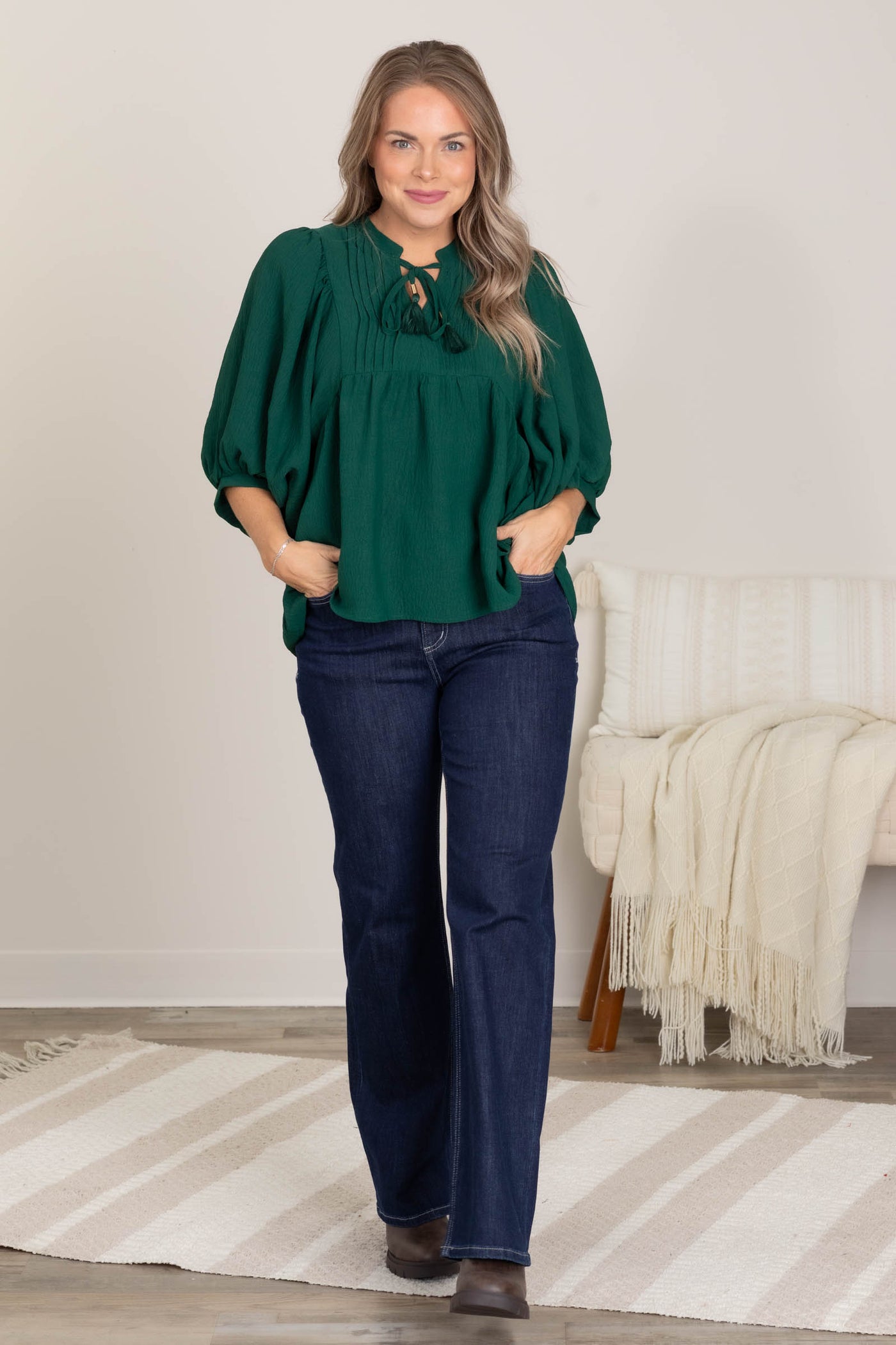 Hunter Green Tie Flowy Blouse