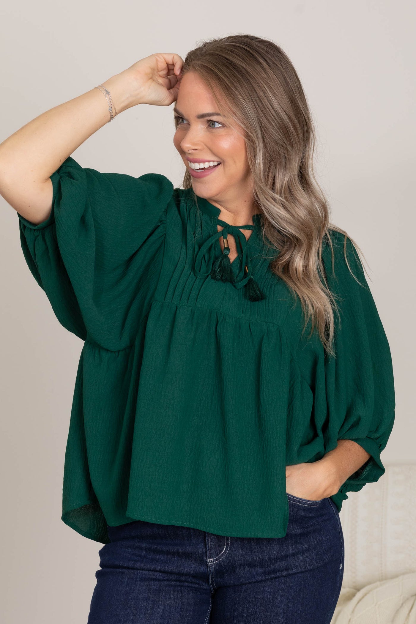 Hunter Green Tie Flowy Blouse
