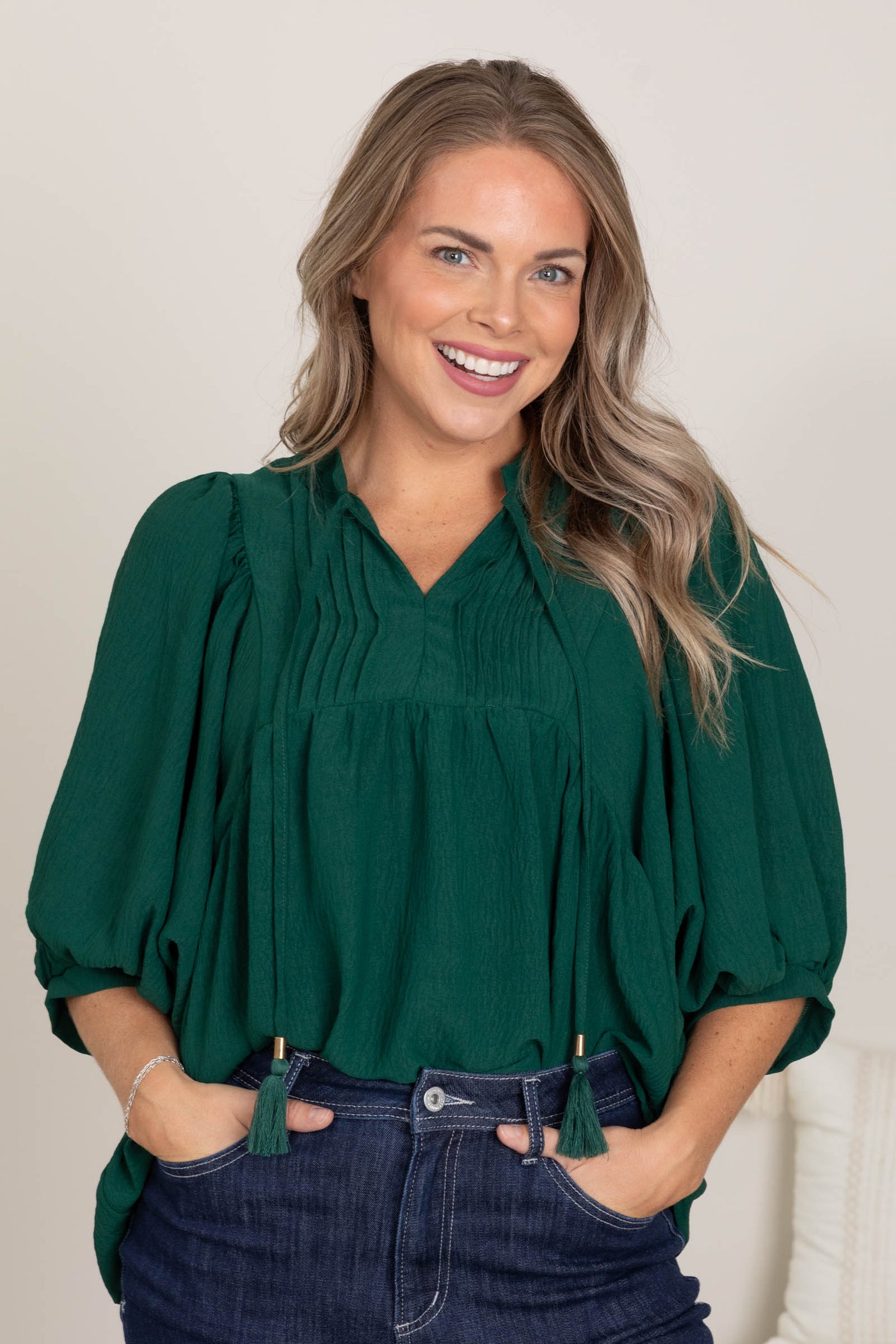 Hunter Green Tie Flowy Blouse
