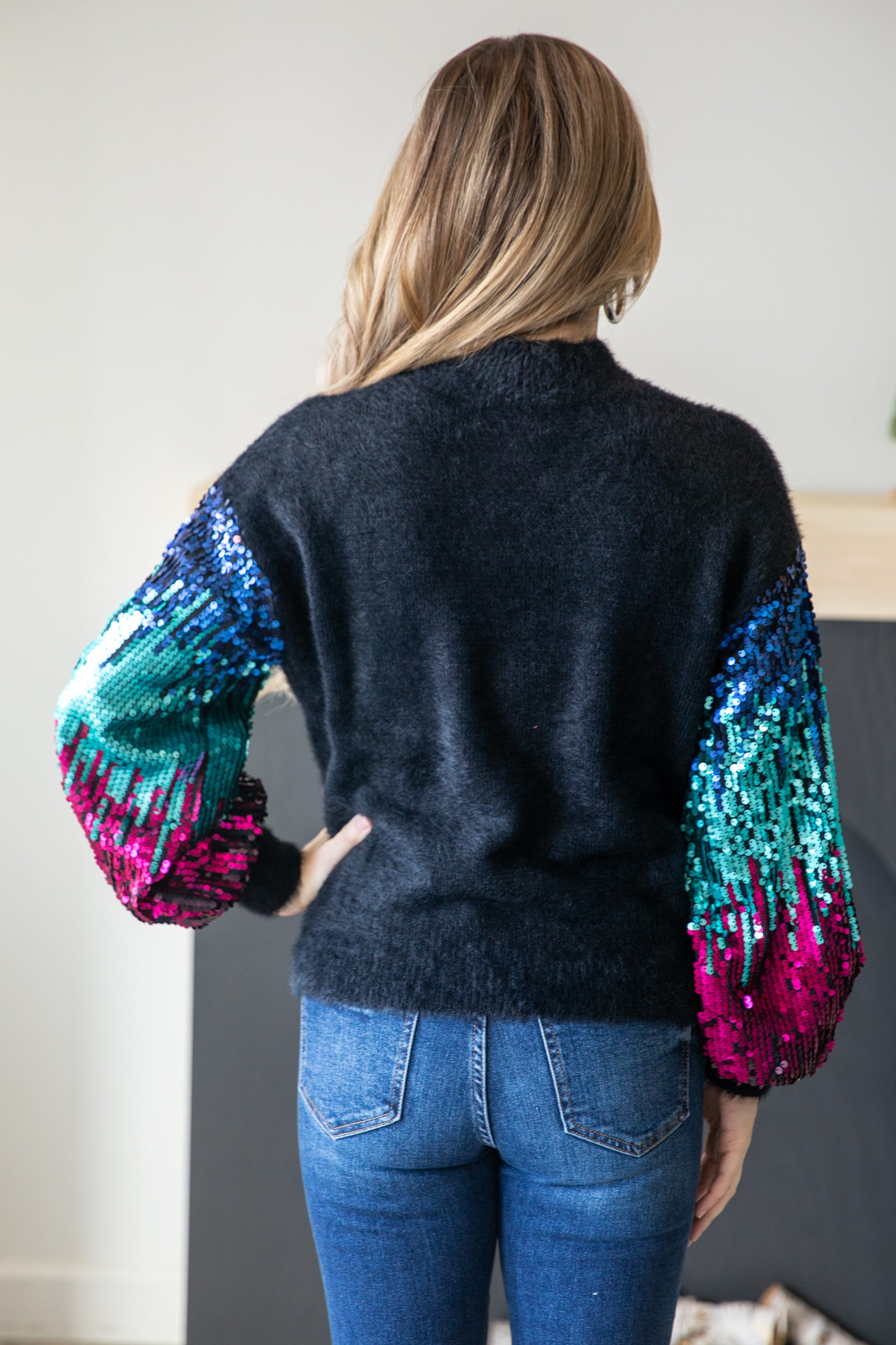 Black Textured Sweater With Sequin Sleeves